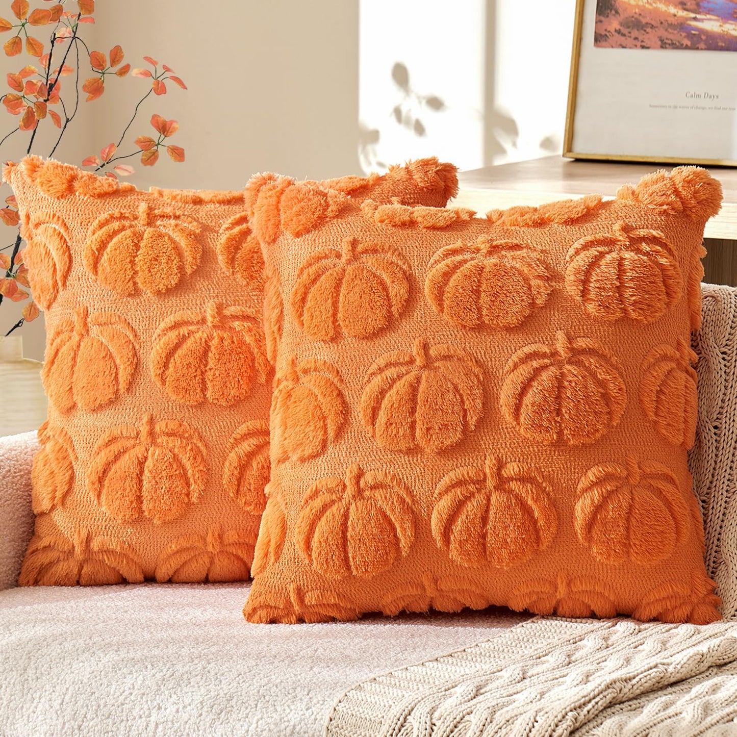 MIULEE Fall Pillow Covers Pumpkin Fall Decor 18x18 Dark Rust | Set of 2 Fall Decorations for Home, Plush Faux Fur Farmhouse Accent Pillowcases, Porch Sofa Couch Cushion Bed Livingroom