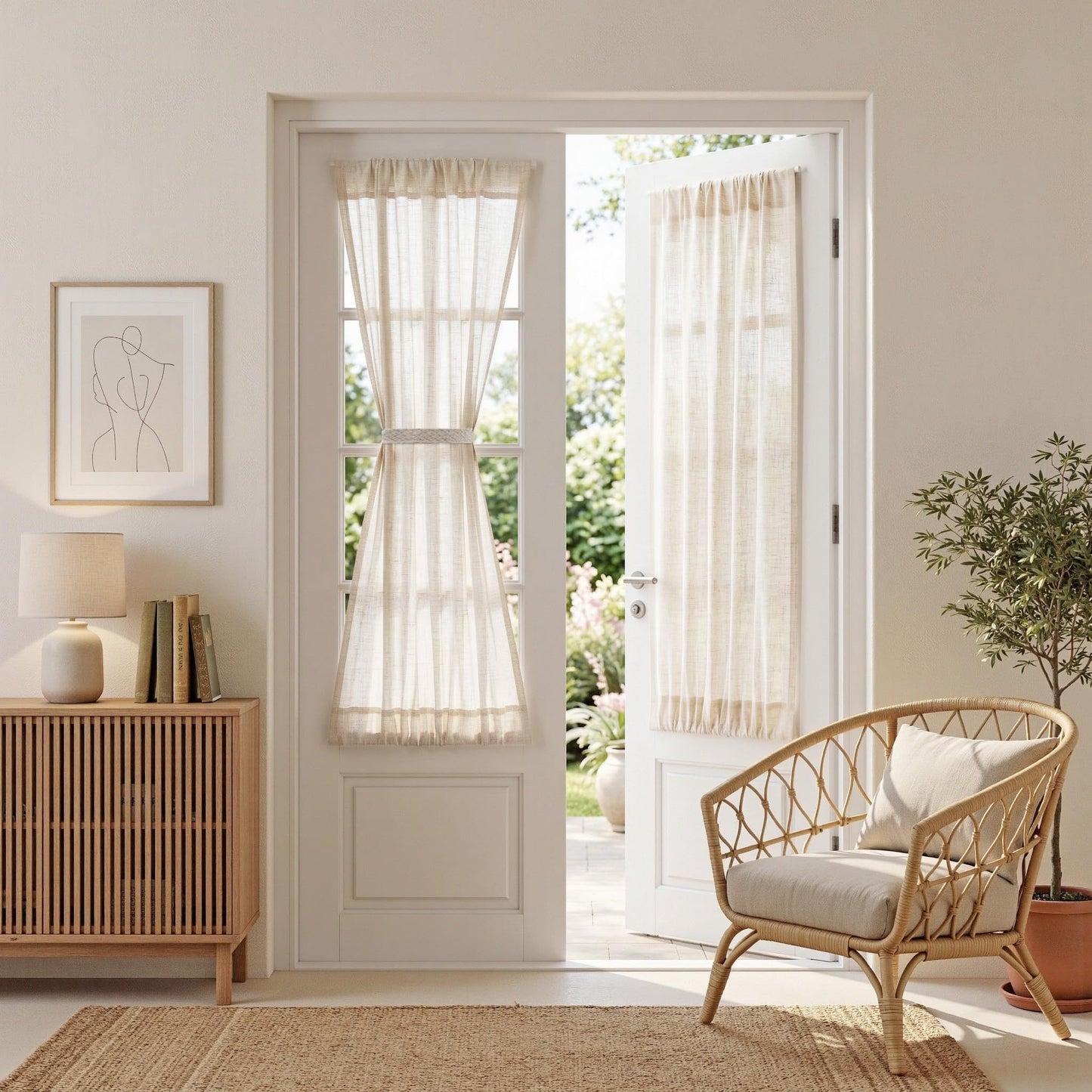 MYSKY HOME Linen Curtains for Living Room, Natural Semi Sheer Curtains & Drapes 84 inches Length 2 Panels Set Farmhouse Country Boho Style Back Tab Draperies for Sliding Glass Door, 50" Wide, Linen