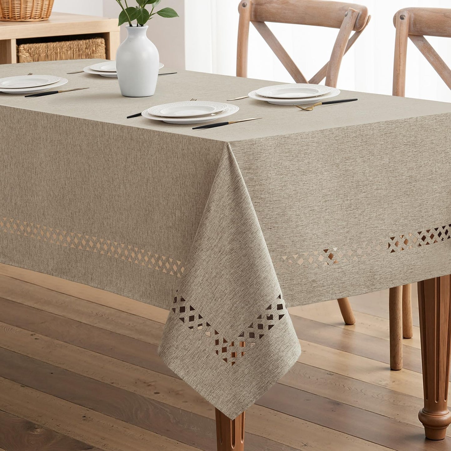 MIULEE Beige Rectangle Tablecloth with Decorative Cutouts 52x70 Inch | Waterproof Stain Resistant & Shrink-Proof Table Cloth, Farmhouse Style, for Dining Wedding Kitchen Party Outdoor