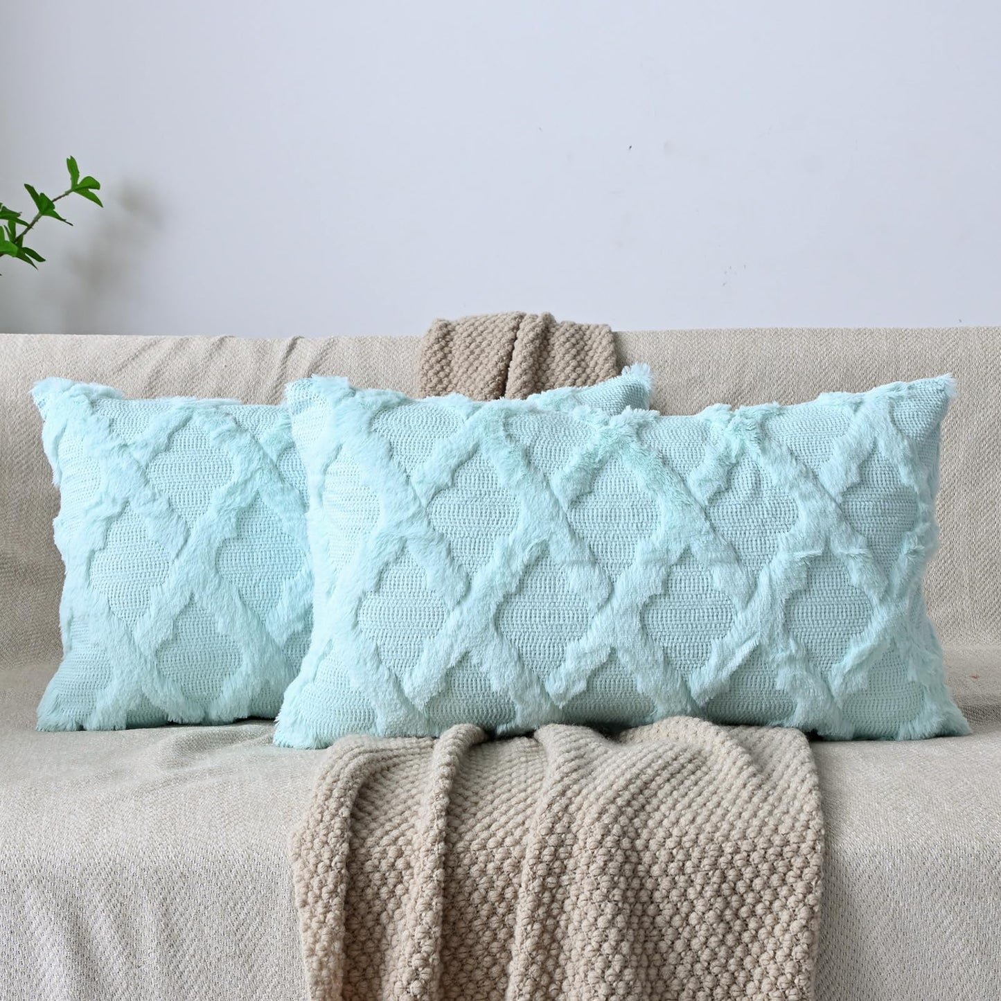 Set of 2 Soft Moroccan Throw Pillow Covers 18x18 Inch Plush Boho Decorative Pillow Cover Accent Cushion Case for Couch Sofa Bed, Beige