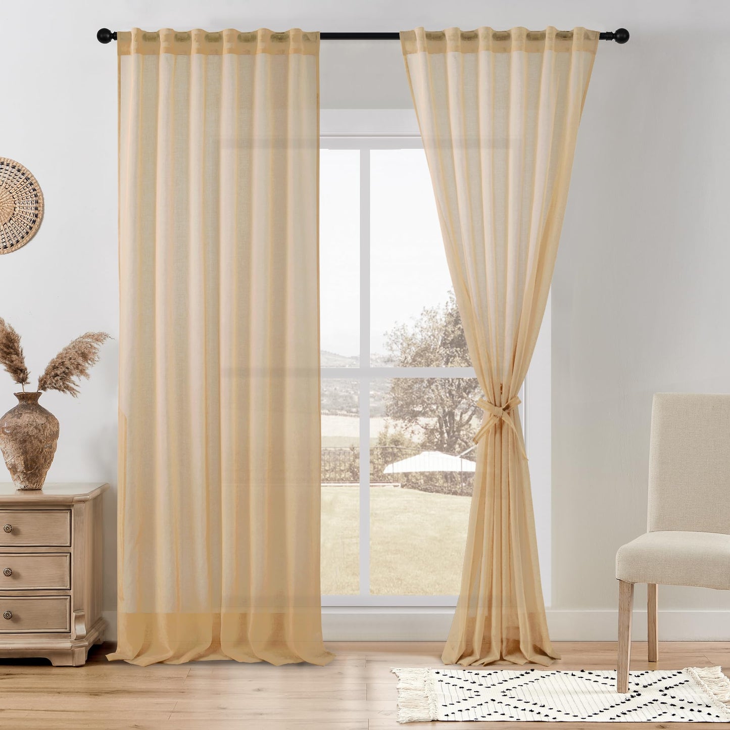 DWCN White Faux Linen Sheer Curtains, 2 Panels, 52x84 Inch | Faux Linen Textured Curtains with Rod Pocket & Back Tab, Semi Voile Light Airy Gauzy Privacy Drapes for Living Room Bedroom