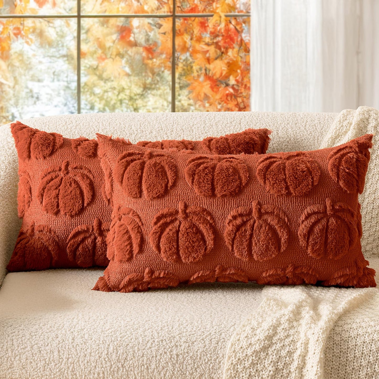 MIULEE Fall Pillow Covers Pumpkin Fall Decor 18x18 Dark Rust | Set of 2 Fall Decorations for Home, Plush Faux Fur Farmhouse Accent Pillowcases, Porch Sofa Couch Cushion Bed Livingroom