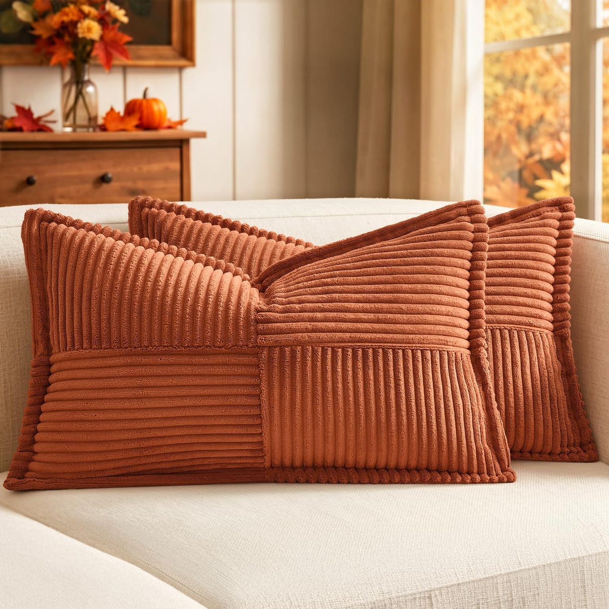 MIULEE Decorative Throw Pillow Covers for Couch 18x18 Inch Beige 2 Pack | Boho Broadside Striped Patchwork Pillow Covers, Soft Corduroy Cushion Cases, For Sofa Bed Livingroom Home Decor