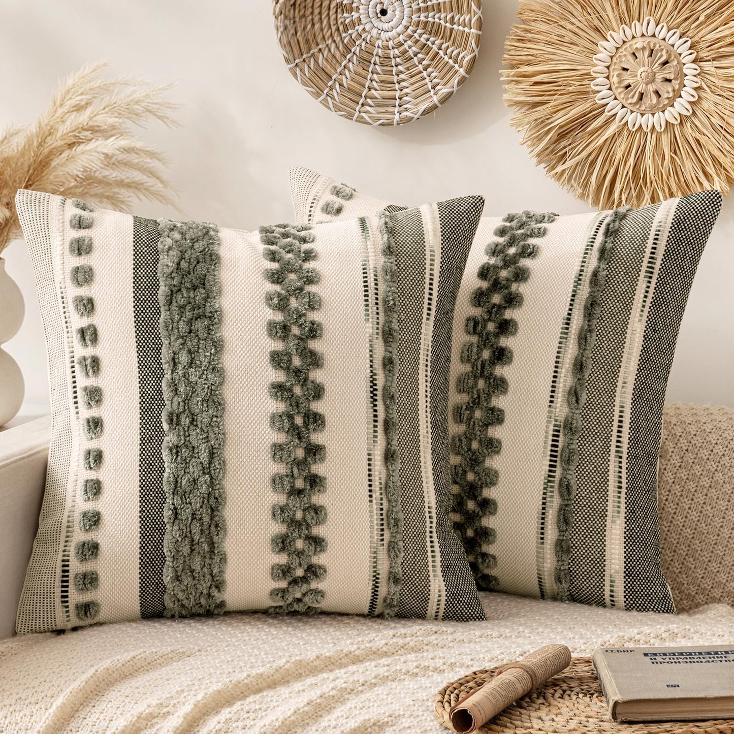 ANRODUO Boho Decorative Pillow Covers Olive Green Stripe 18x18 Pack of 2 | Throw Pillow Covers, Farmhouse Cushion Case, Chenille Pillow Cases, Pillow Covers, Accent Neutral Pillowcase for Couch Bed