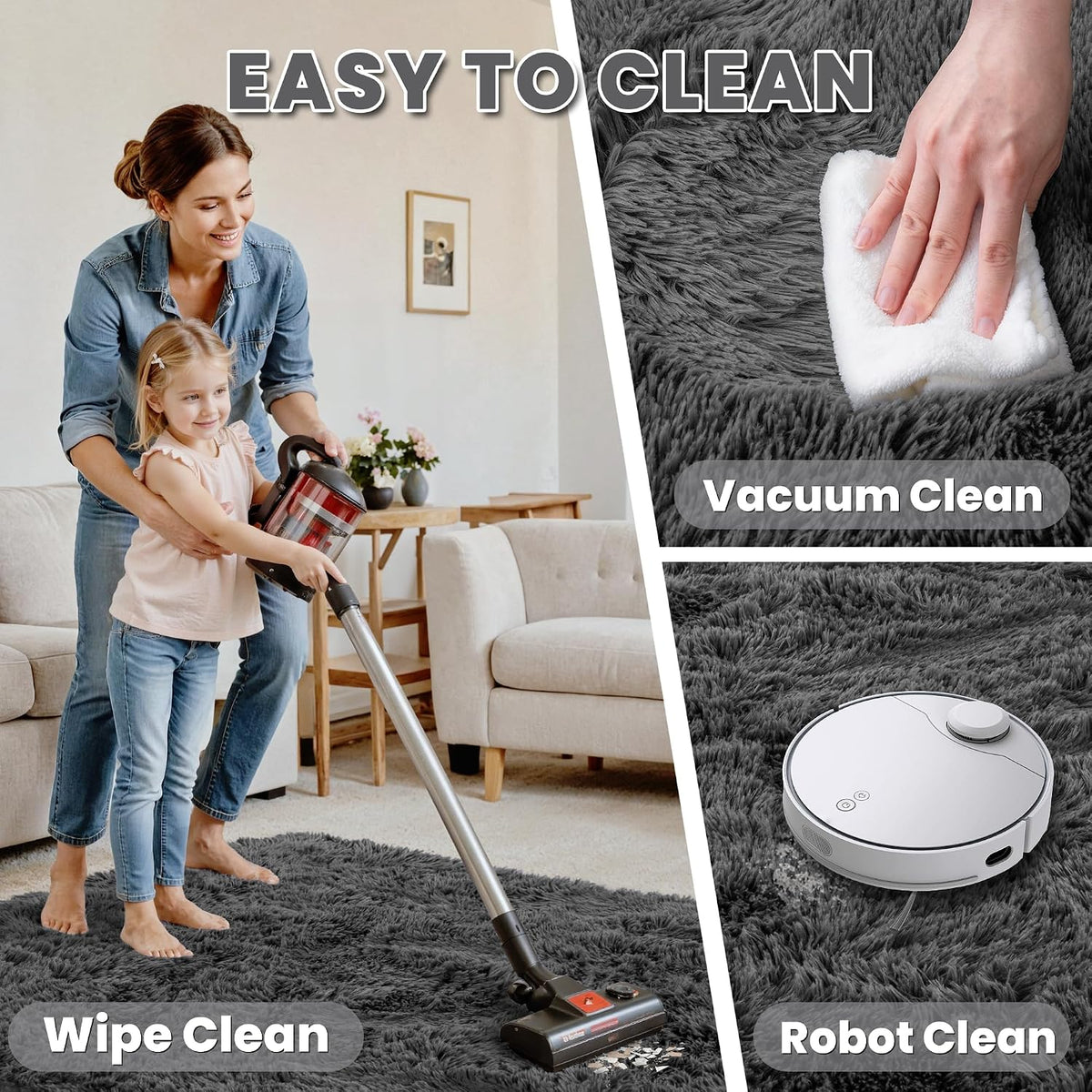 8x10 Fluffy Shag Area Rugs for Living Room Bedroom: Soft Plush Carpet Grey | Upgraded Non-Slip Thick Memory Foam, Ultra Soft, Non-Shedding Fuzzy Carpet, Easy Clean Decor for Kids Room, Nursery, Playroom