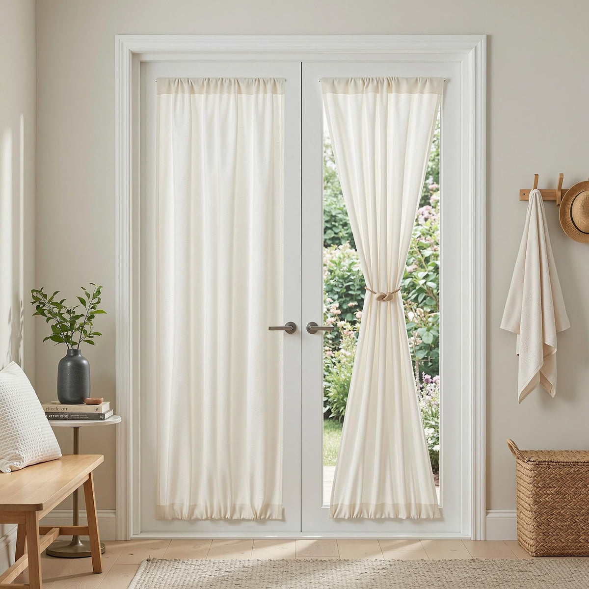 MYSKY HOME Linen Curtains for Living Room, Natural Semi Sheer Curtains & Drapes 84 inches Length 2 Panels Set Farmhouse Country Boho Style Back Tab Draperies for Sliding Glass Door, 50" Wide, Linen