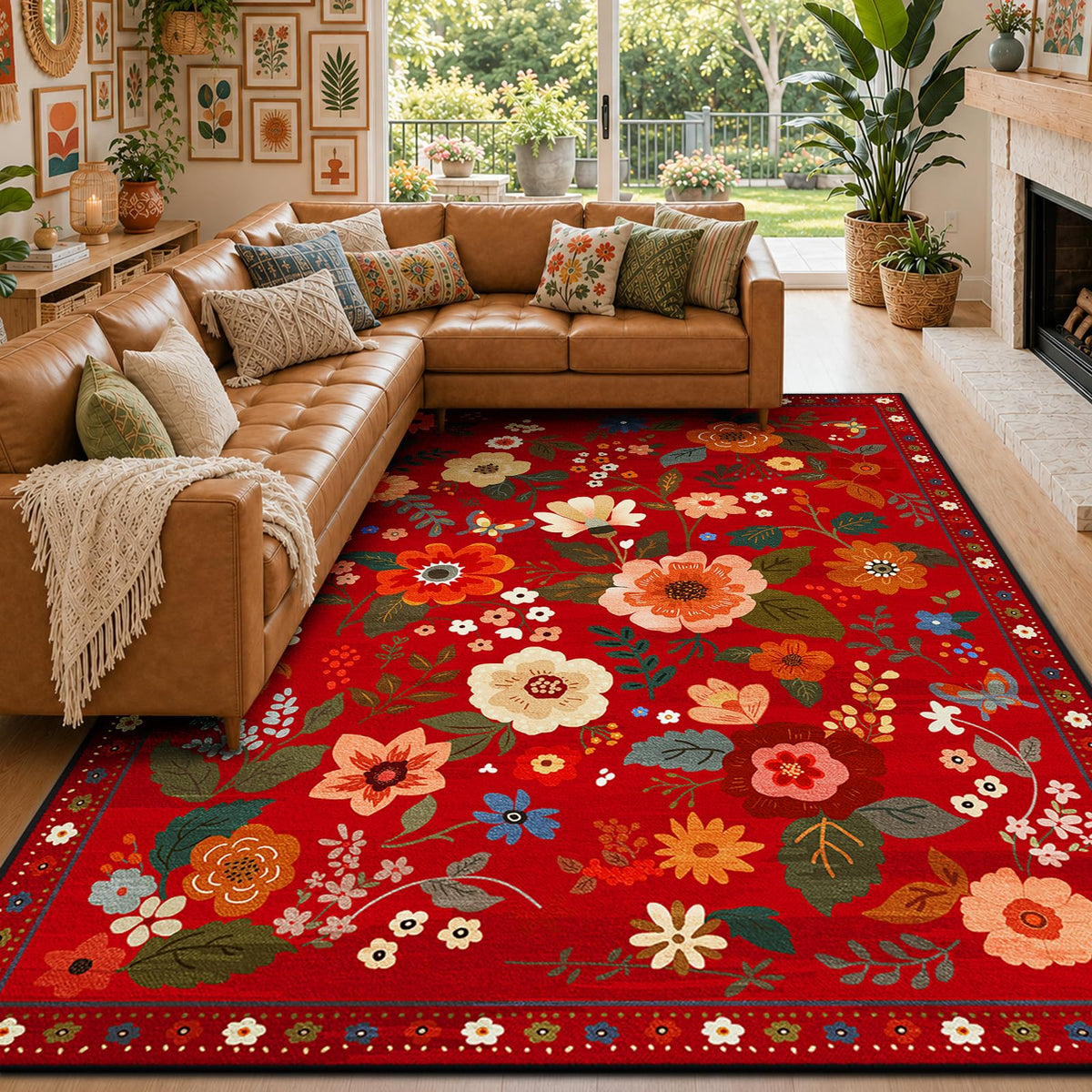 RELEANY Floral Washable 5x7 Area Rugs Beige/White/Orange | Flower Carpet, Print, Boho, Non-Slip, Easy to Clean, Soft, Low Pile for Living Room Bedroom Kitchen Office Entryway Hallway