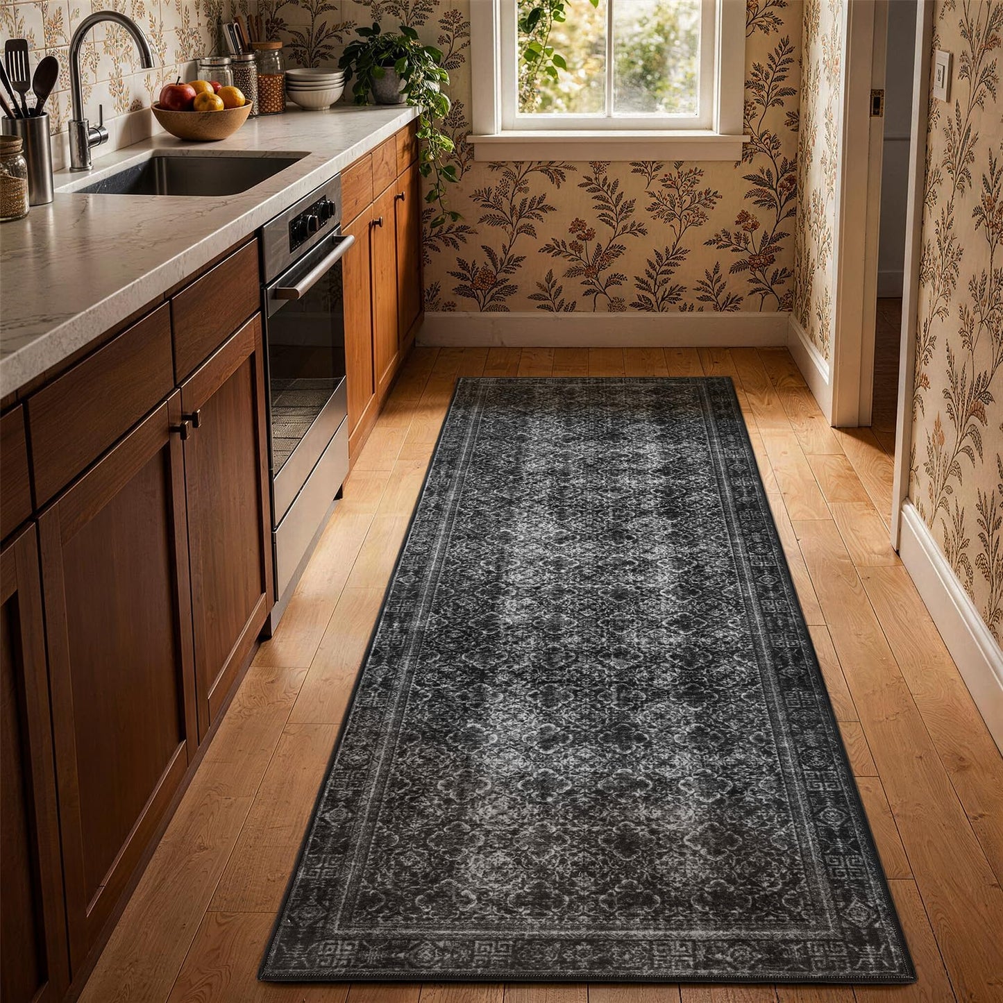 8x10 Washable Area Rug, Black Solid Area Rugs for Living Room & Bedroom | Stain-resistant & Non-slip backing,Low Pile Washable Large Carpet, Solid Vintage Style For High Traffic Areas(8x10,Black)