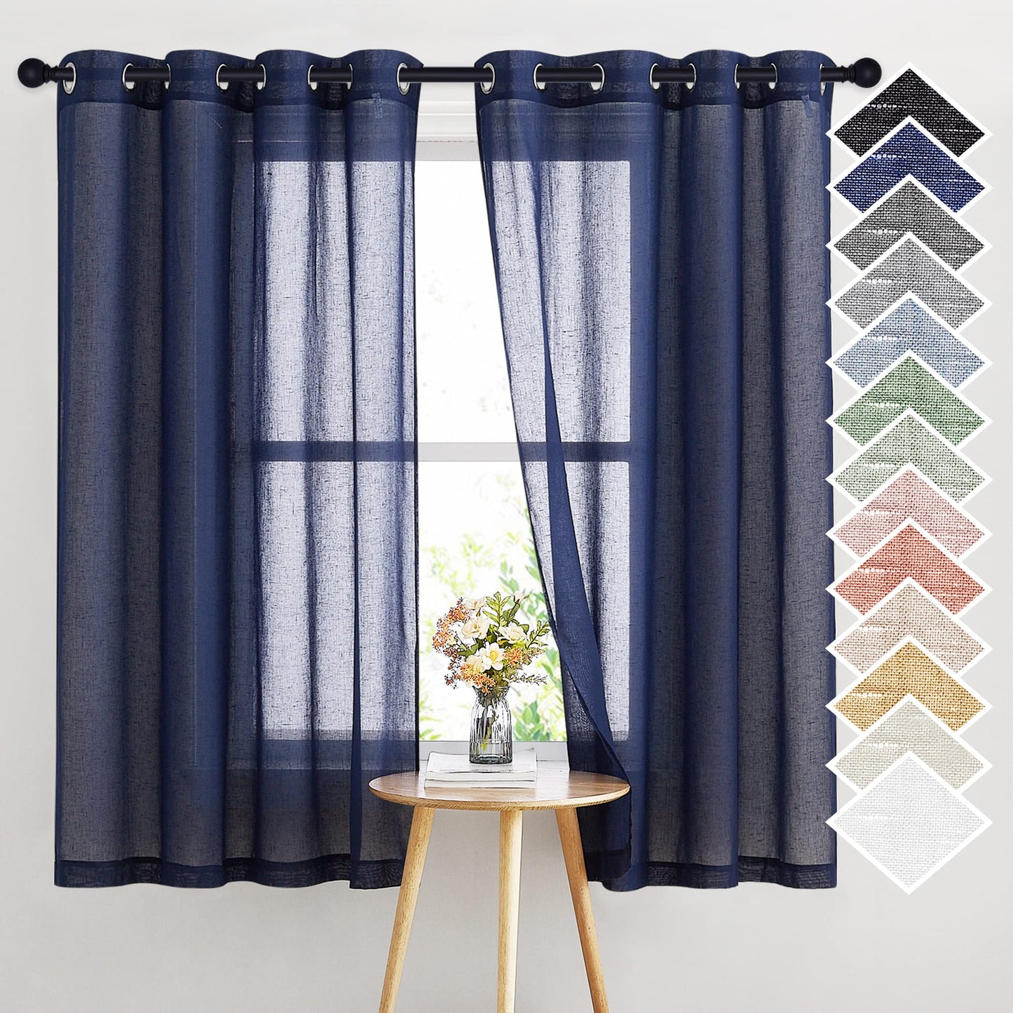 NICETOWN White Sheer Linen Curtains for Living Room 84 inch Length 2 Panels Set, Grommet Semi Sheer Privacy with Light Filtering Flax Window Treatments for Bedroom, W52 x L84