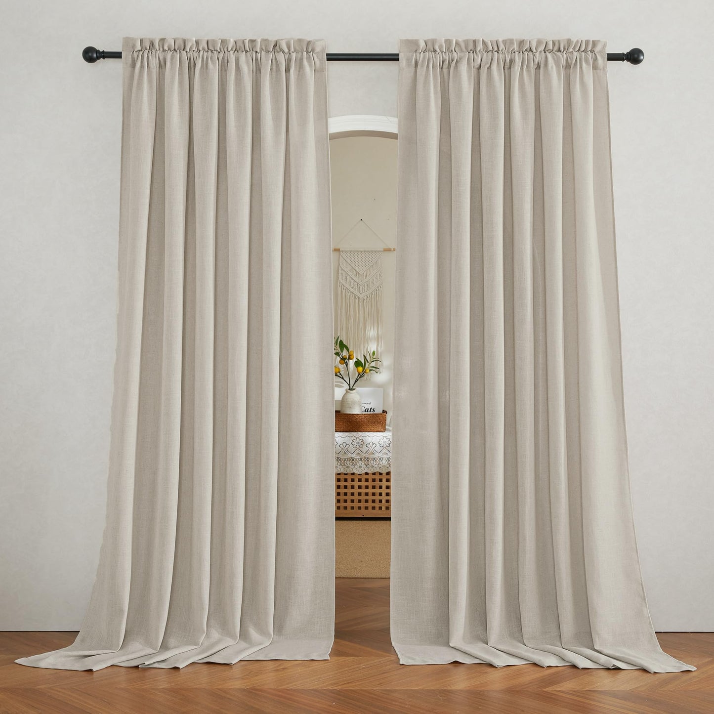 RYB HOME White Semi Sheer Curtains 84 inches Long for Living Room | Half Privacy, Linen Textured, Sheer Light Filtering, Vertical Window Drapes, for Bedroom Dining, White, W52 x L84, 2 Panels