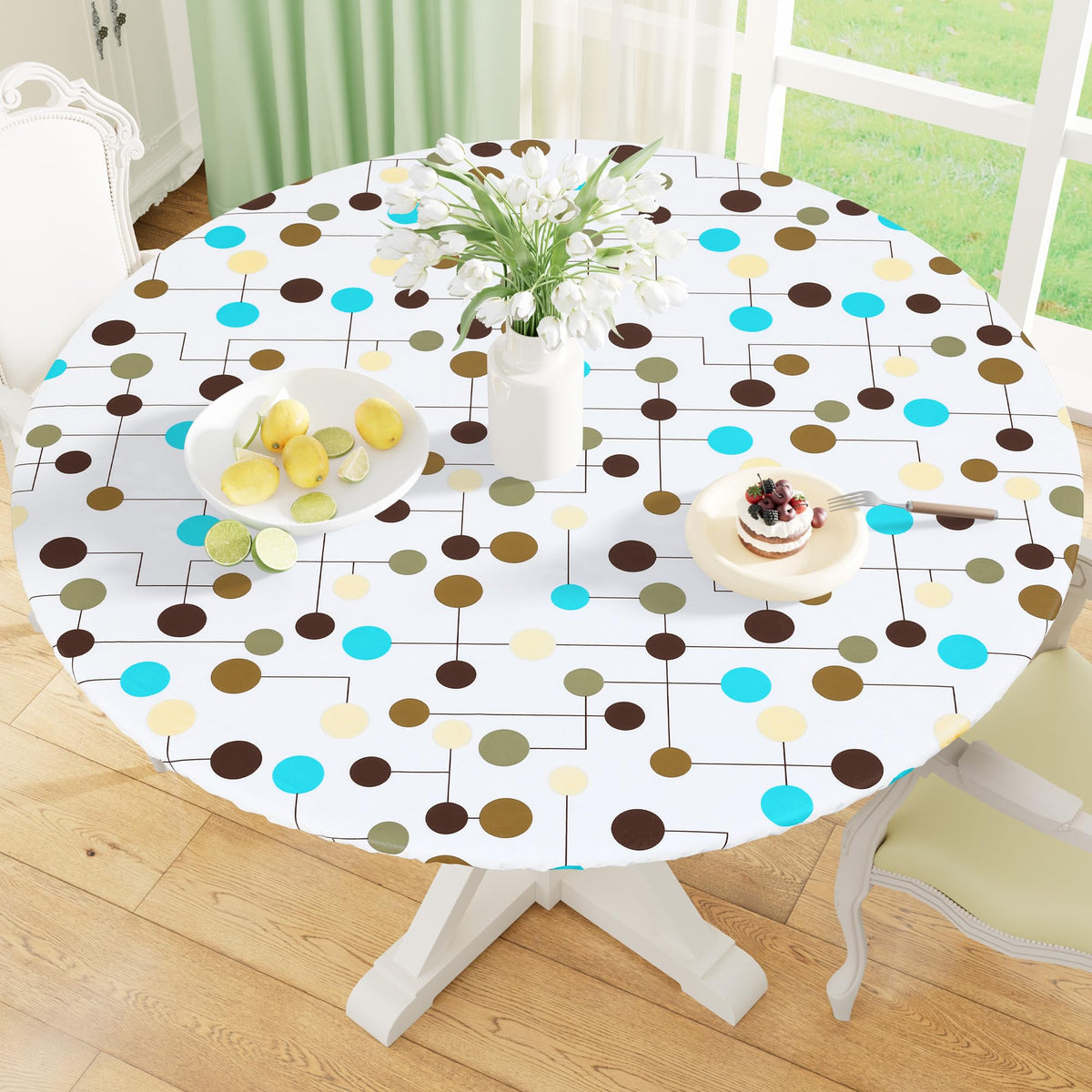 Round Fitted Tablecloth with Elastic Edge, 100% Waterproof Oil Proof Plastic Table Cover, Vinyl Flannel Backed Tablecloth Fits 36"-44" Round Tables for Dinner, Outdoor, Picnic, Oak Wooden Grain