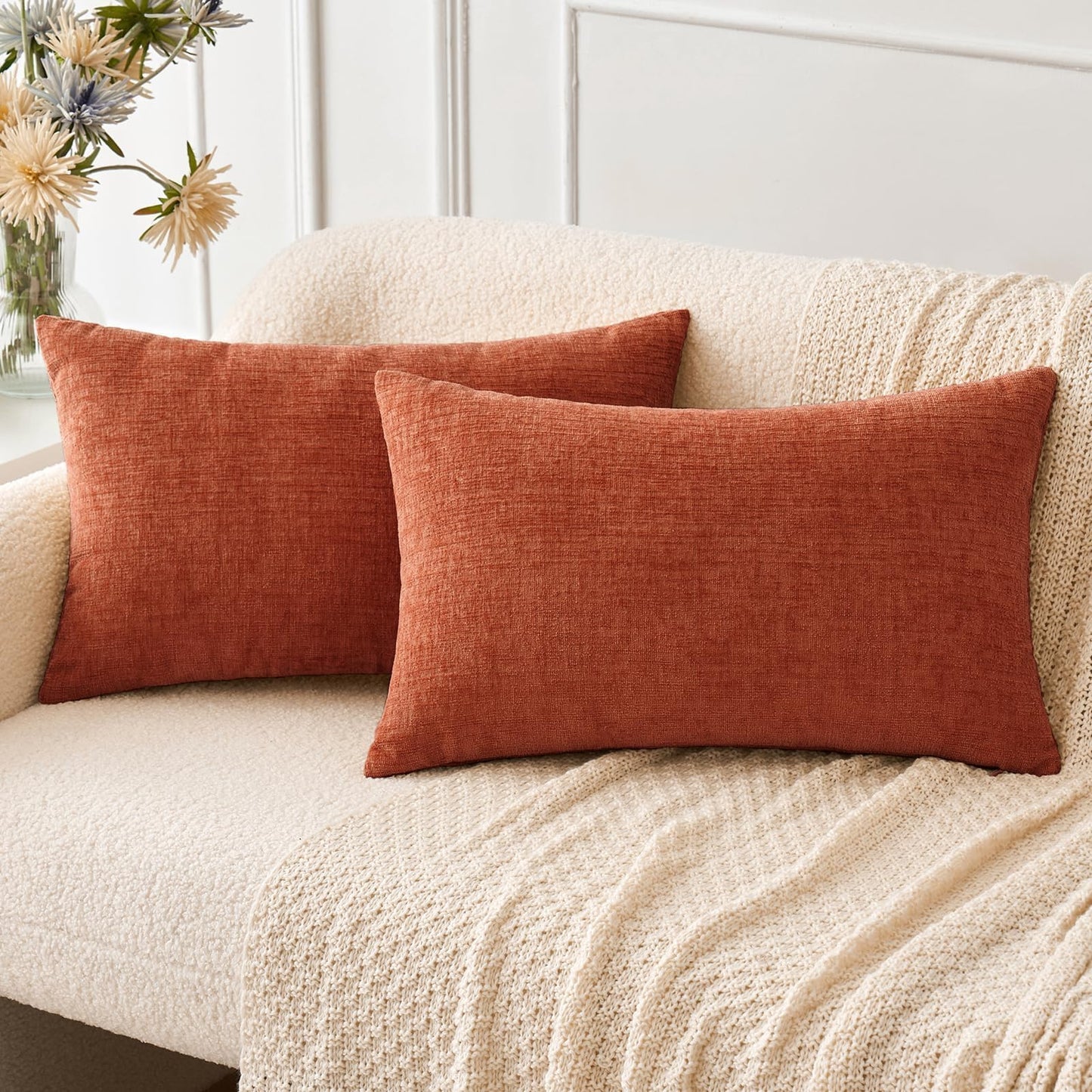 MIULEE Soft Chenille Fall Throw Pillow Covers Burnt Orange 18x18 Pack of 2 | Modern Fall Home Decor, Classic Decorative Pillows, Solid Dyed Cases, Boho Couch Cushion Covers for Sofa Bed Living Room