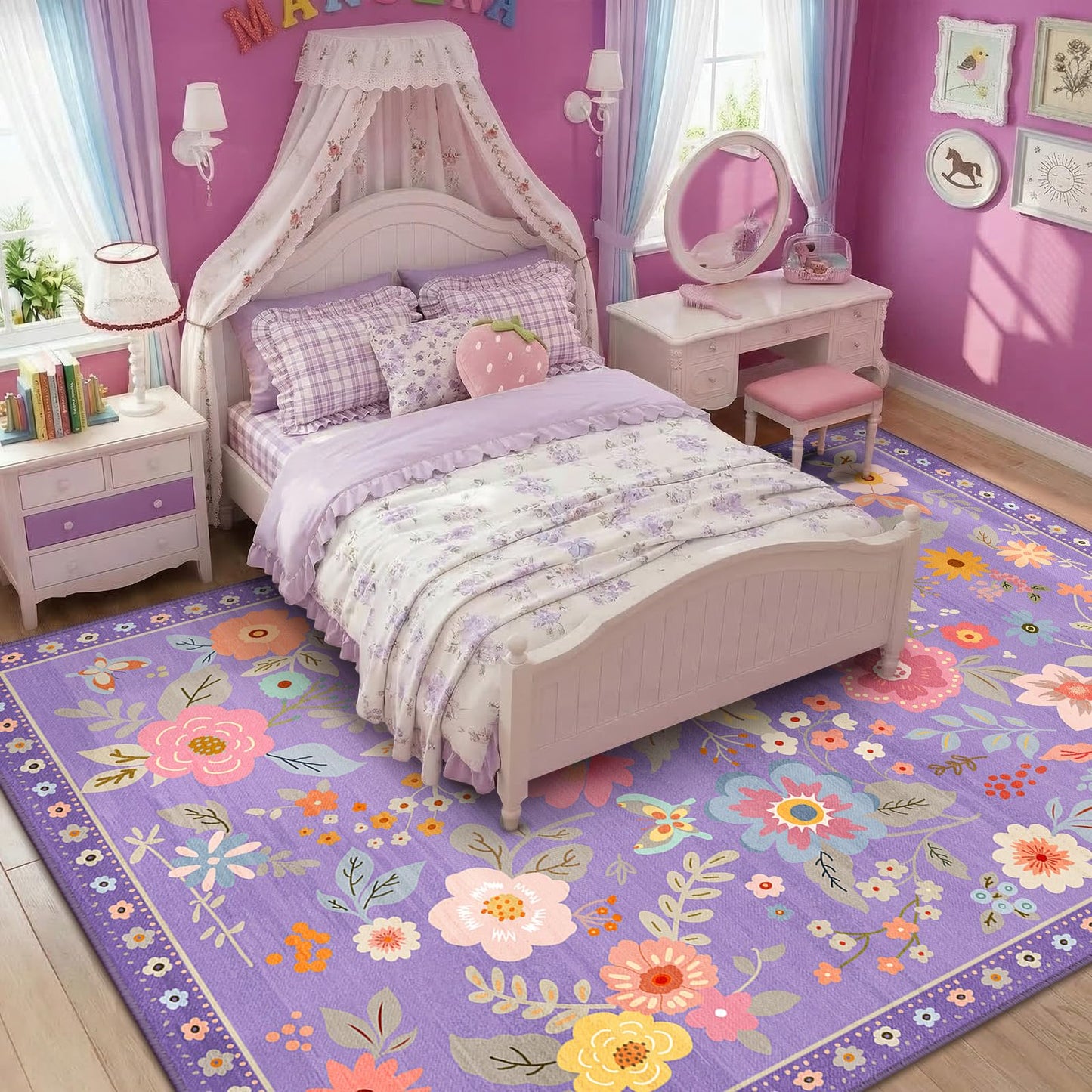 RELEANY Floral Washable 5x7 Area Rugs Black | Flower Carpet, Print, Boho, Non-Slip, Easy to Clean, Soft, Low Pile for Living Room Bedroom Kitchen Office Entryway Hallway