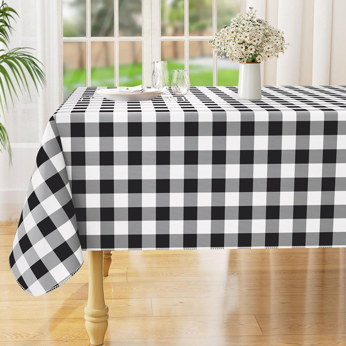 Rectangle Waterproof Vinyl Table Cloth, Buffalo Flannel Backed Tablecloth, Wipeable Plastic Table Cover for Dinner, Kitchen, Outdoor (60" x 84", Black and White)