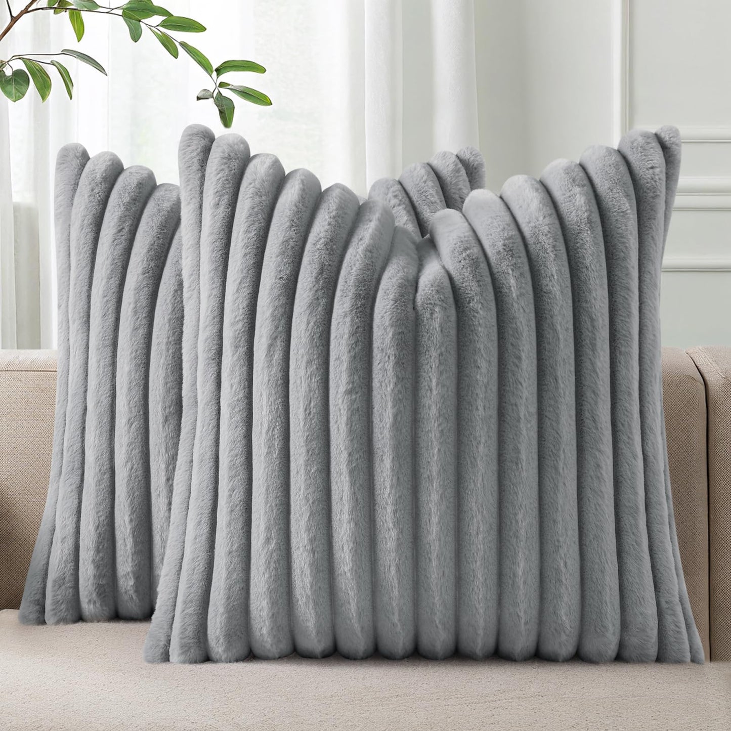 Pallene Faux Fur Decorative Throw Pillow Covers 18x18 Set of 2, Cream White | Luxury Plush Texture, Striped Design, Cozy Soft Touch, Modern Home Accent Decor for Couch, Sofa, Bed, Living Room
