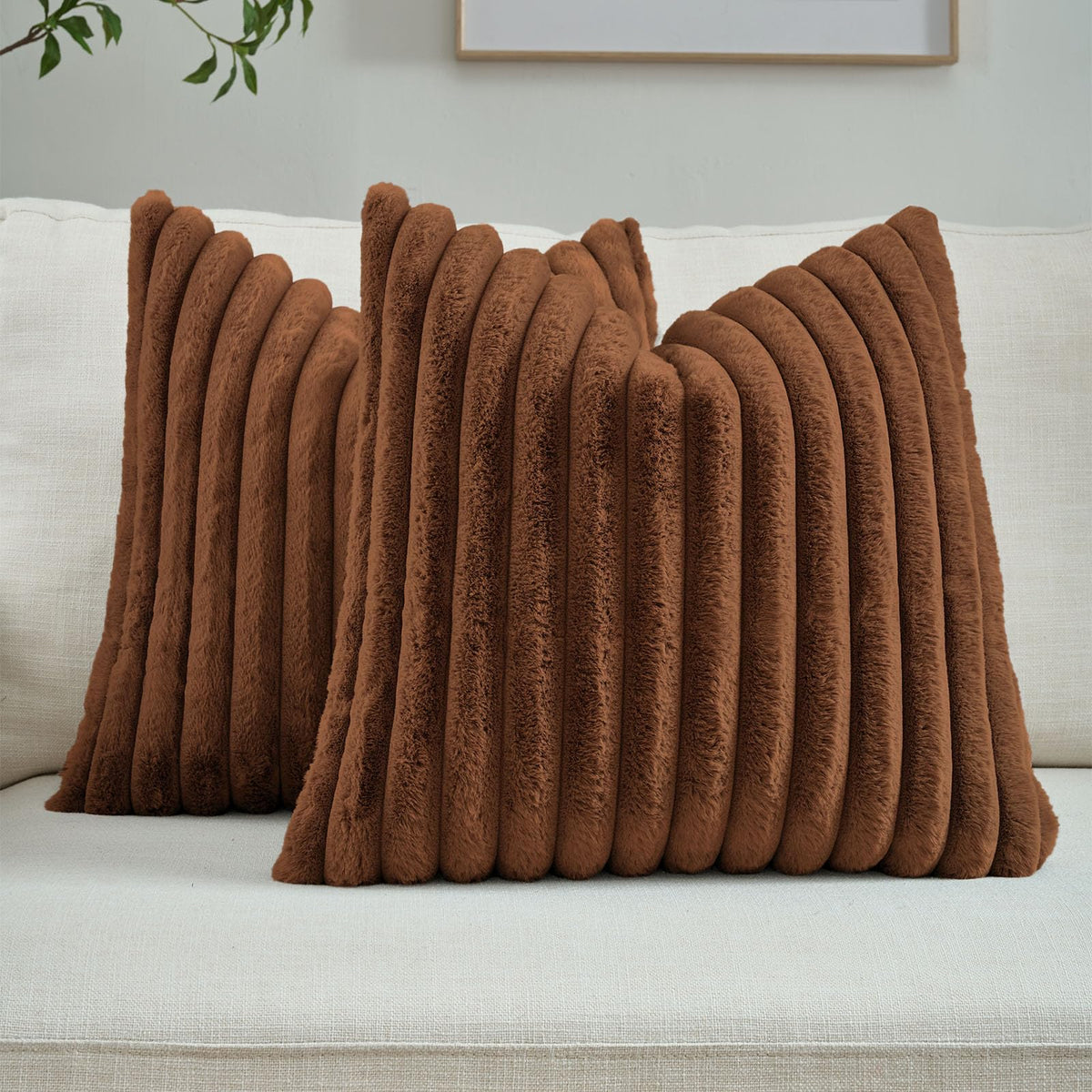 FUTEI Pack of 2 Faux Fur Throw Pillow Covers 18x18 Inch, Cream White | Fluffy Faux Rabbit Fur Front/Premium Velvet Back,Hidden Zipper,Machine Washable,Non-Shedding,Colorfast,Insert Not Included.