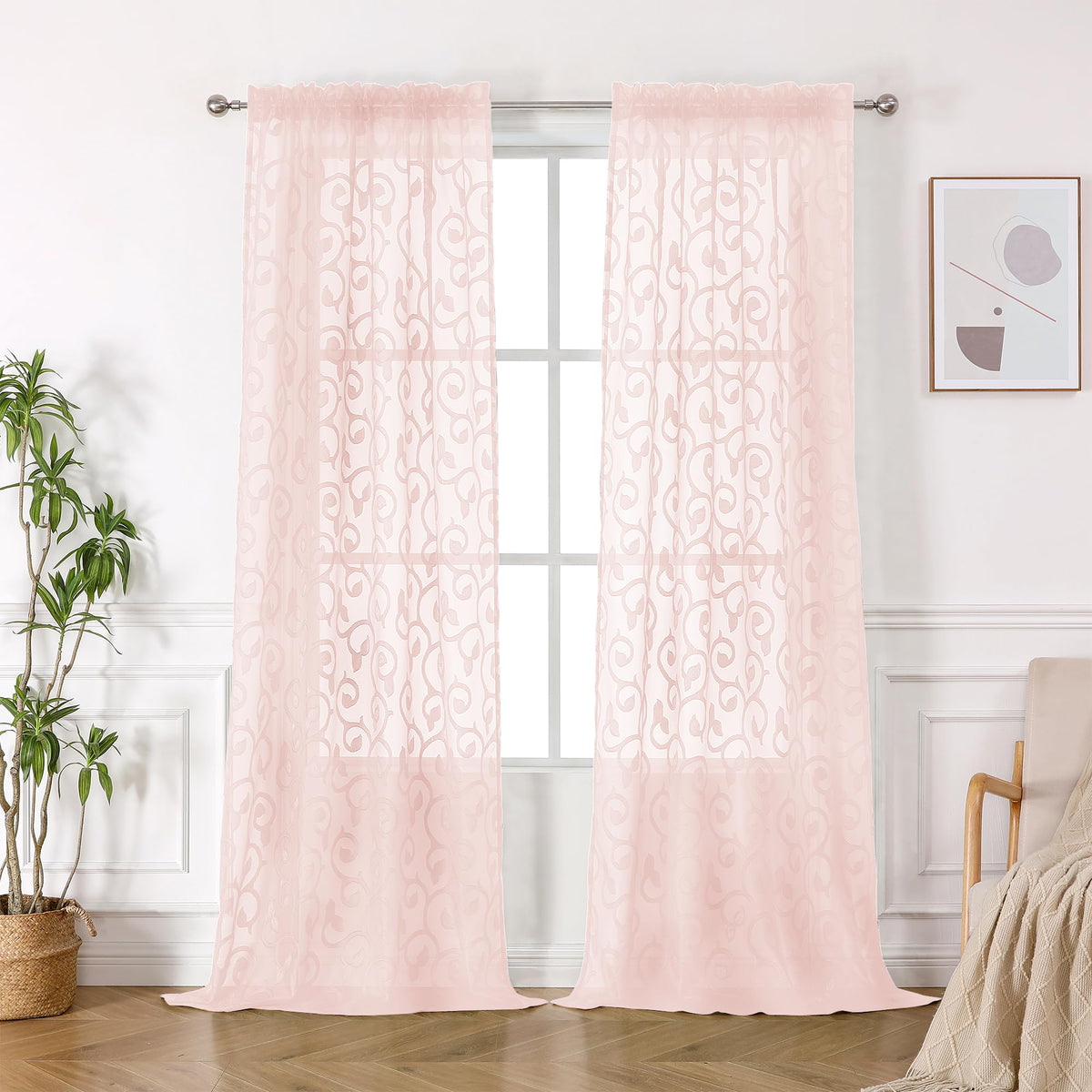 Furman Ivory Sheer Curtains 84 inches Long for Bedroom Living Room 2 Panels Set, Jacquard Clip Light Filtering Semi Sheer Curtain Rod Pocket Window Drapes, 2 Pcs Each 40 W 84 L