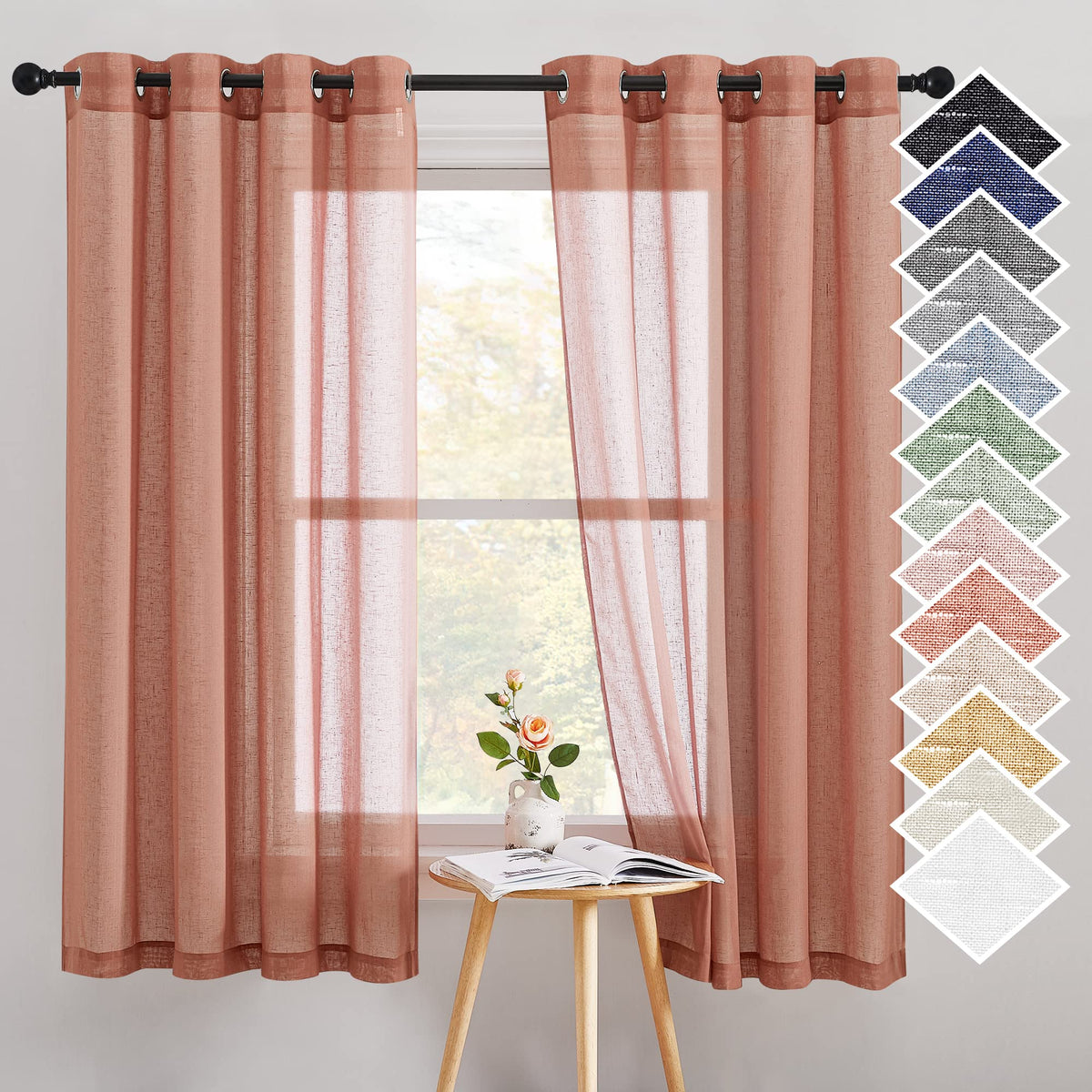 NICETOWN White Sheer Linen Curtains for Living Room 84 inch Length 2 Panels Set, Grommet Semi Sheer Privacy with Light Filtering Flax Window Treatments for Bedroom, W52 x L84