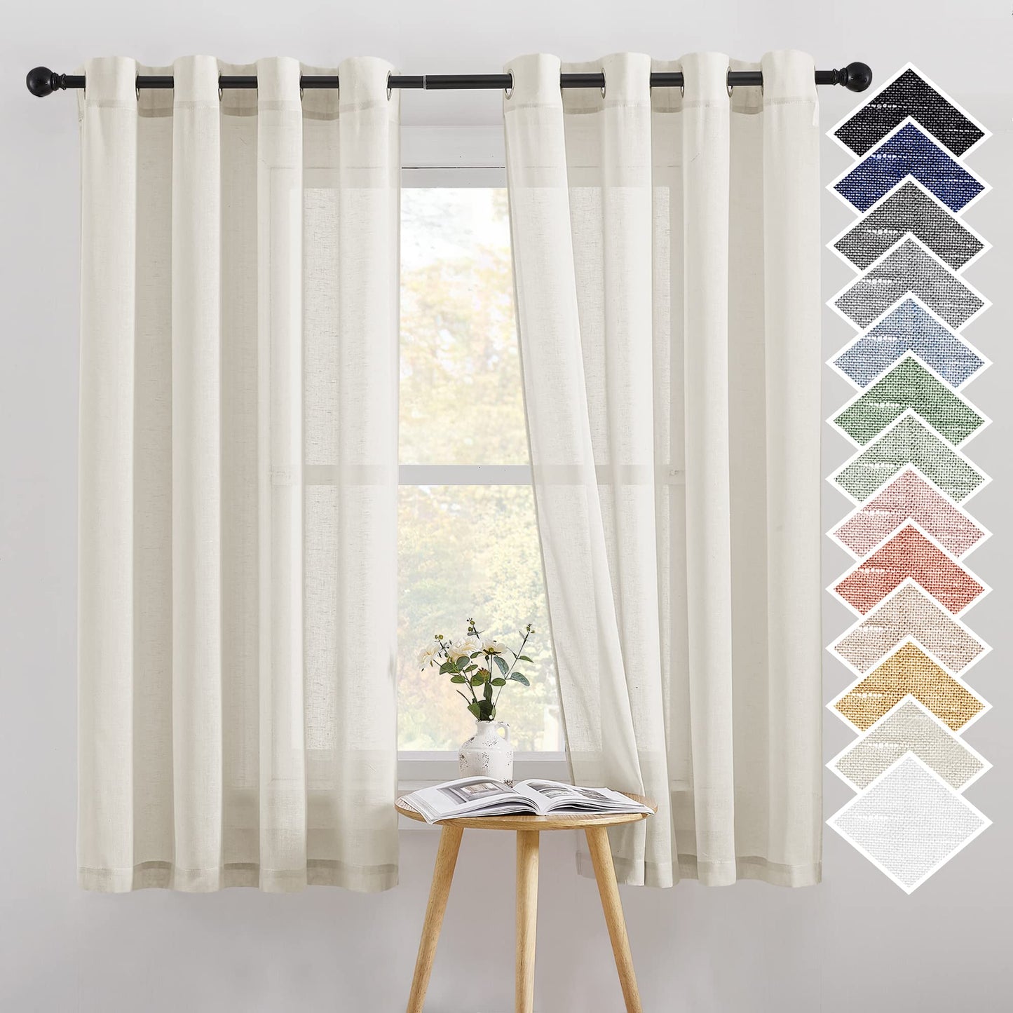 NICETOWN White Sheer Linen Curtains for Living Room 84 inch Length 2 Panels Set, Grommet Semi Sheer Privacy with Light Filtering Flax Window Treatments for Bedroom, W52 x L84