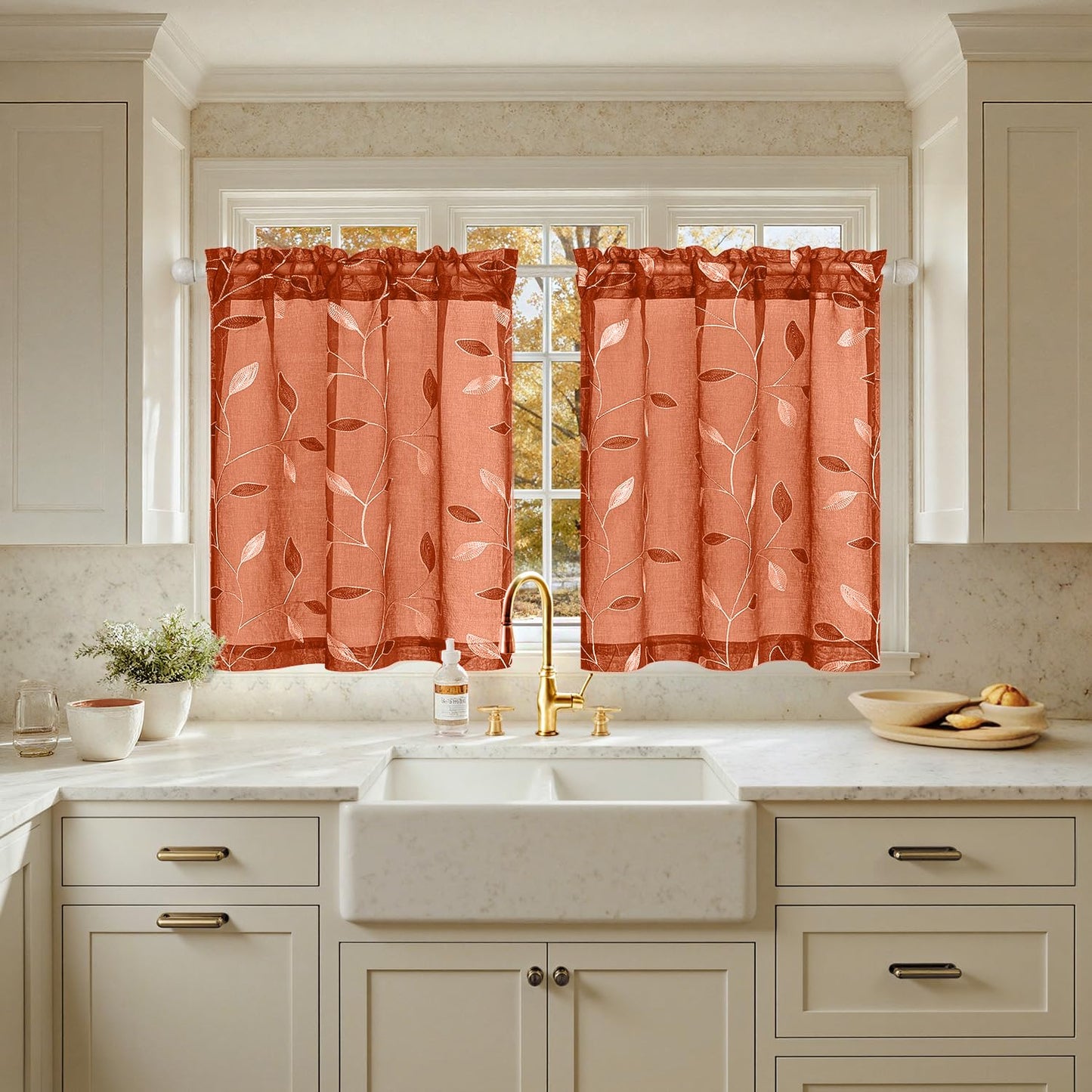 MIULEE Sage Green Sheer Curtains 2 Panels Leaf Patterned, W52 x L84 | Embroidered Floral Semi Sheer,Rod Pocket,Faux Linen,Short Window Curtains Drapes Set for Kitchen/Bathroom/Cafe