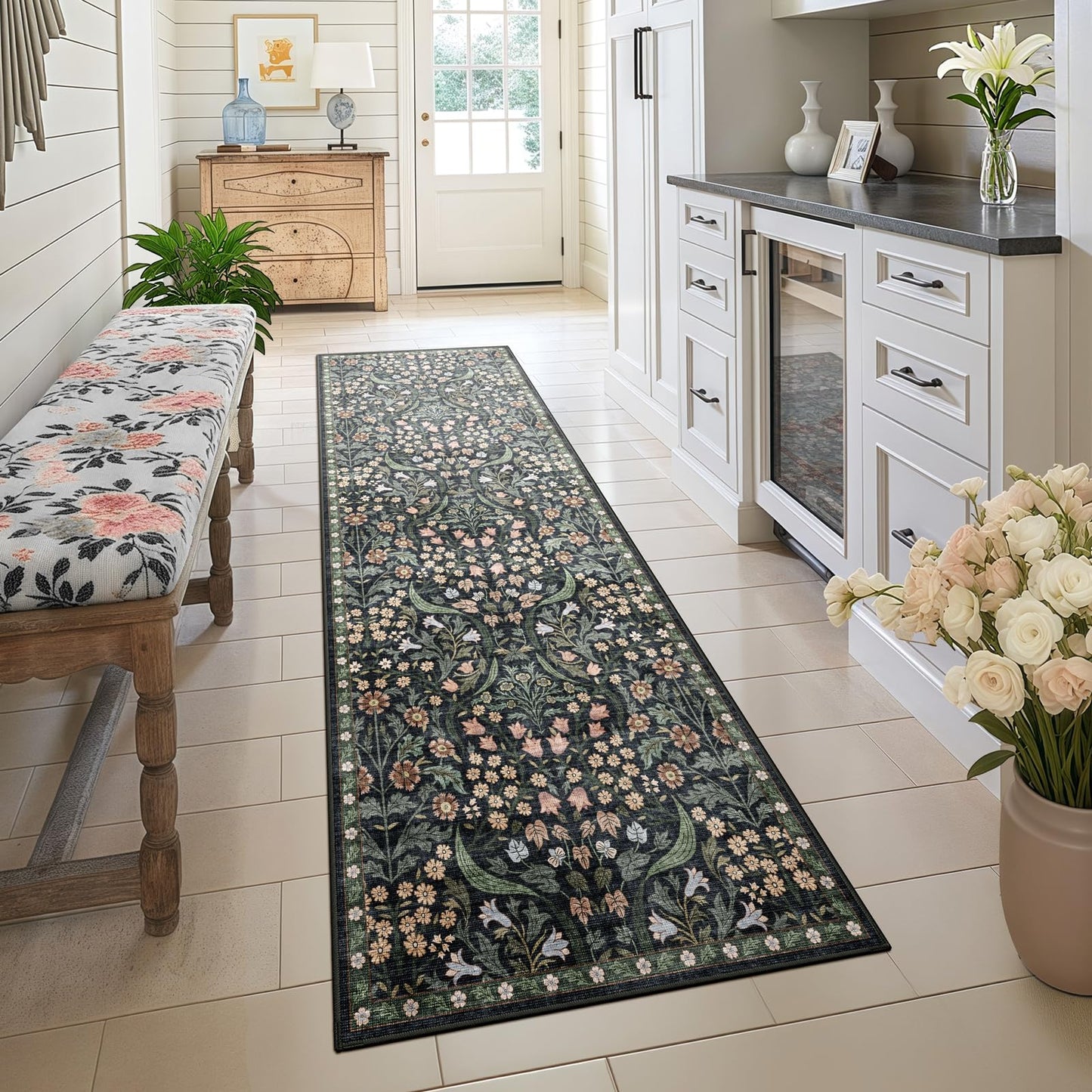 5x7 Washable Area Rug Green Boho Floral for Living Room Bedroom Nursery | Carpet for Dining Room, Soft Low-Pile Non-Slip Faux Wool, Farmhouse Indoor, Kid & Pet Friendly, Stain, Fade & Wear Resistant