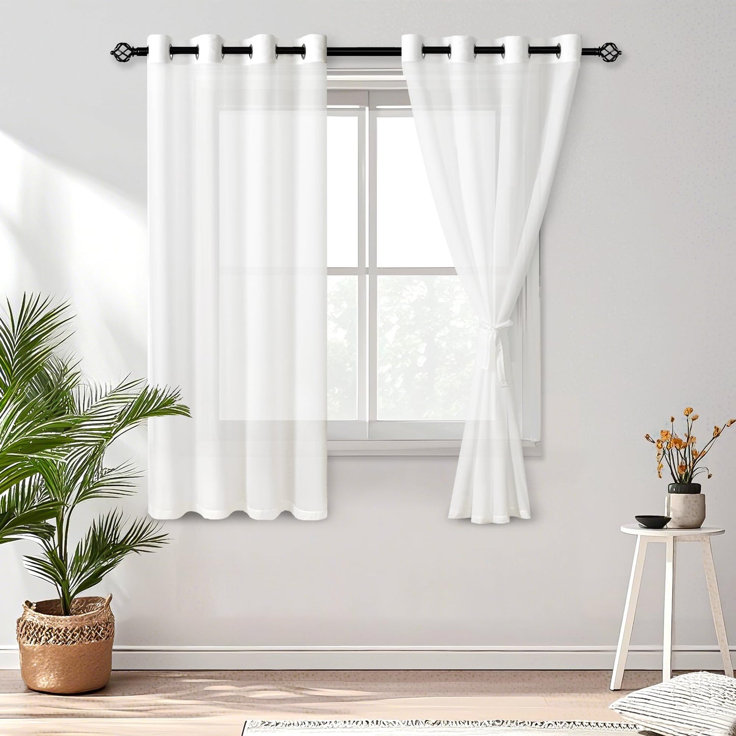 DWCN White Sheer Curtains Linen Look Semi Transparent Voile Grommet White Curtains for Living Dining Room Drapes 52 x 84 Inch Long, Set of 2 Panels