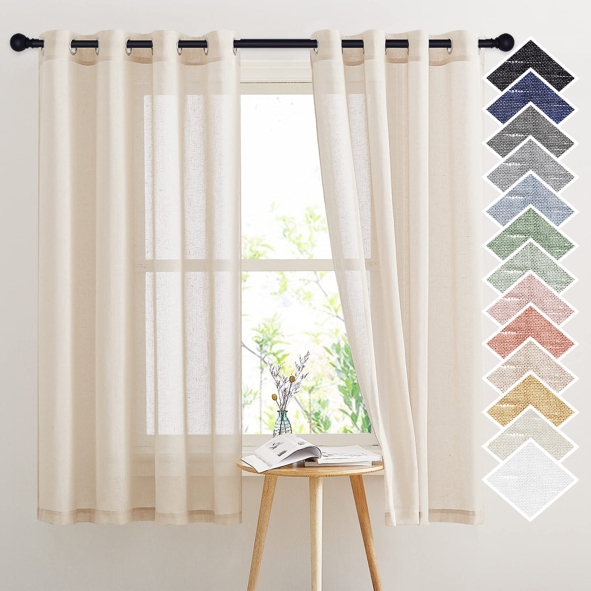 NICETOWN White Sheer Linen Curtains for Living Room 84 inch Length 2 Panels Set, Grommet Semi Sheer Privacy with Light Filtering Flax Window Treatments for Bedroom, W52 x L84