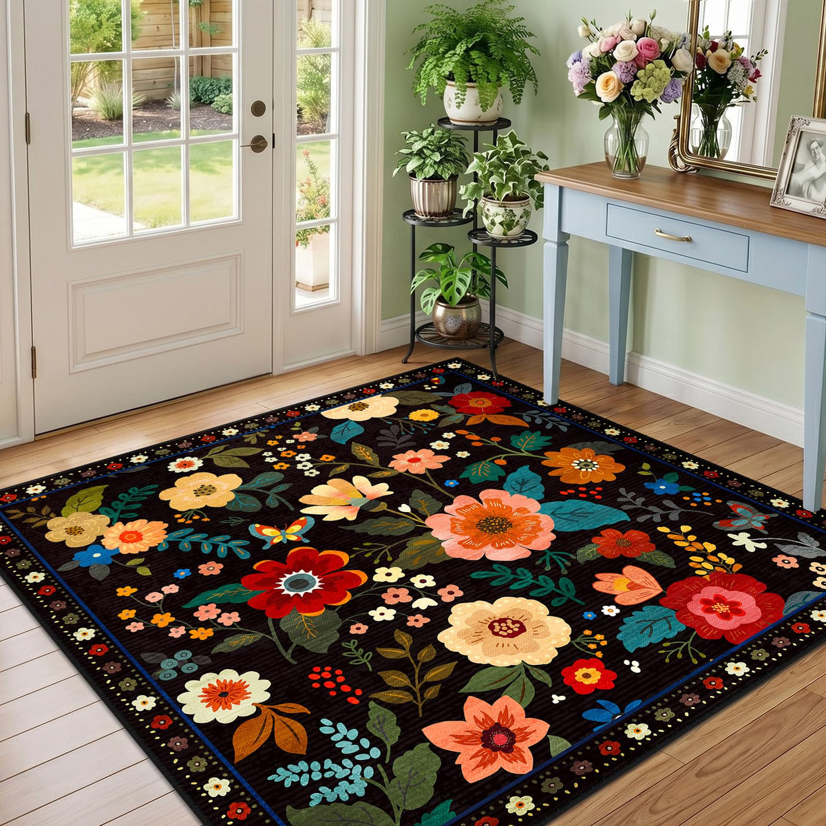 RELEANY Floral Washable 5x7 Area Rugs Beige/White/Orange | Flower Carpet, Print, Boho, Non-Slip, Easy to Clean, Soft, Low Pile for Living Room Bedroom Kitchen Office Entryway Hallway
