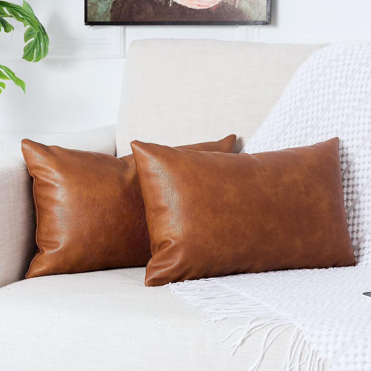PANOD Pack of 2 Premium Faux Leather Throw Pillow Covers, Modern Luxury Decorative Lumbar Throw Pillow Case Cushion Cases for Farmhouse Sofa Couch Bed Car Outdoor,12x20 inch Brown