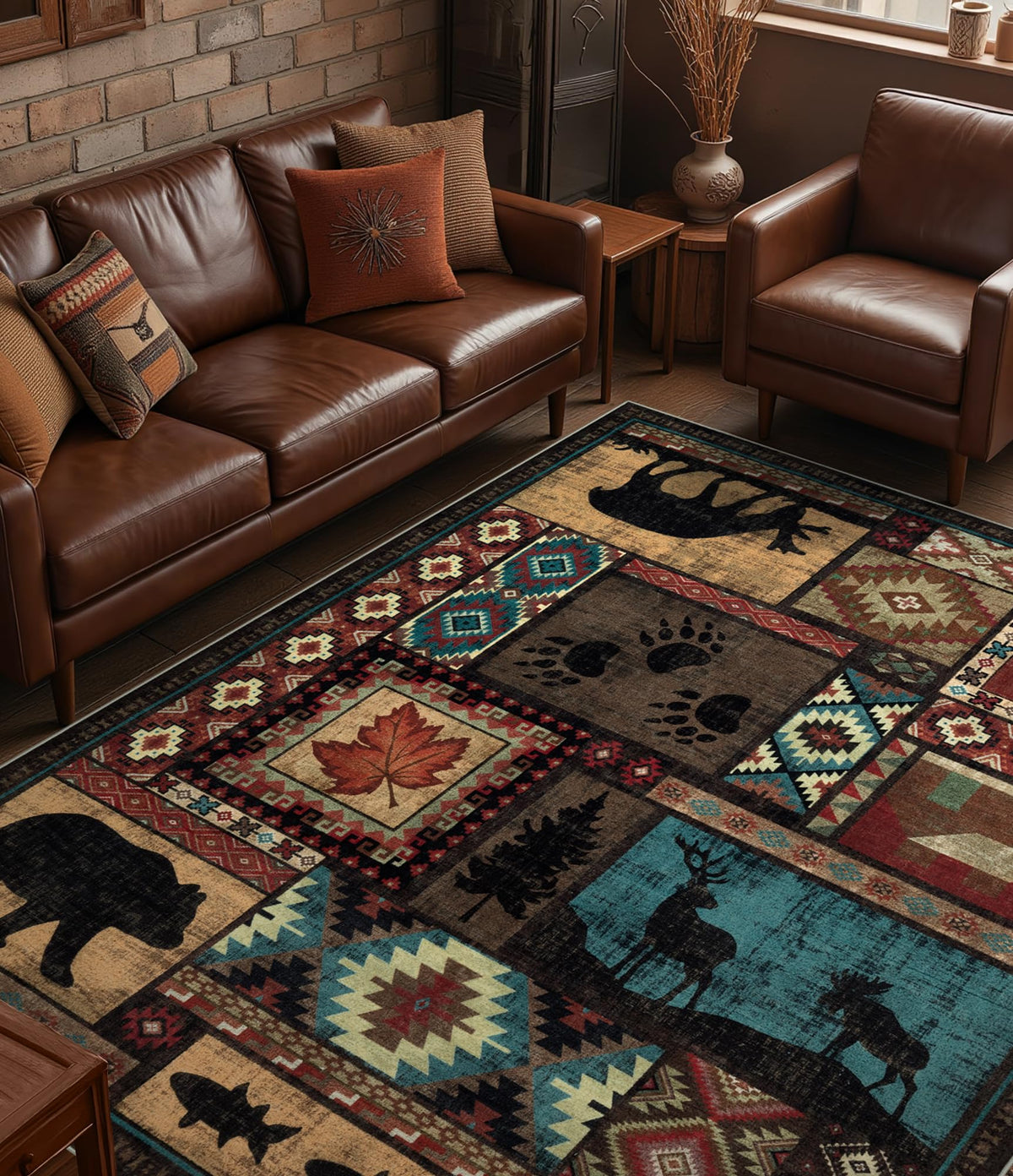 Rustic Cabin Area Rug 5x7,Machine Washable Lodge Bear Rug,Non-Slip Low Pile Print Pattern Southwestern Rug for Living Room Bedroom