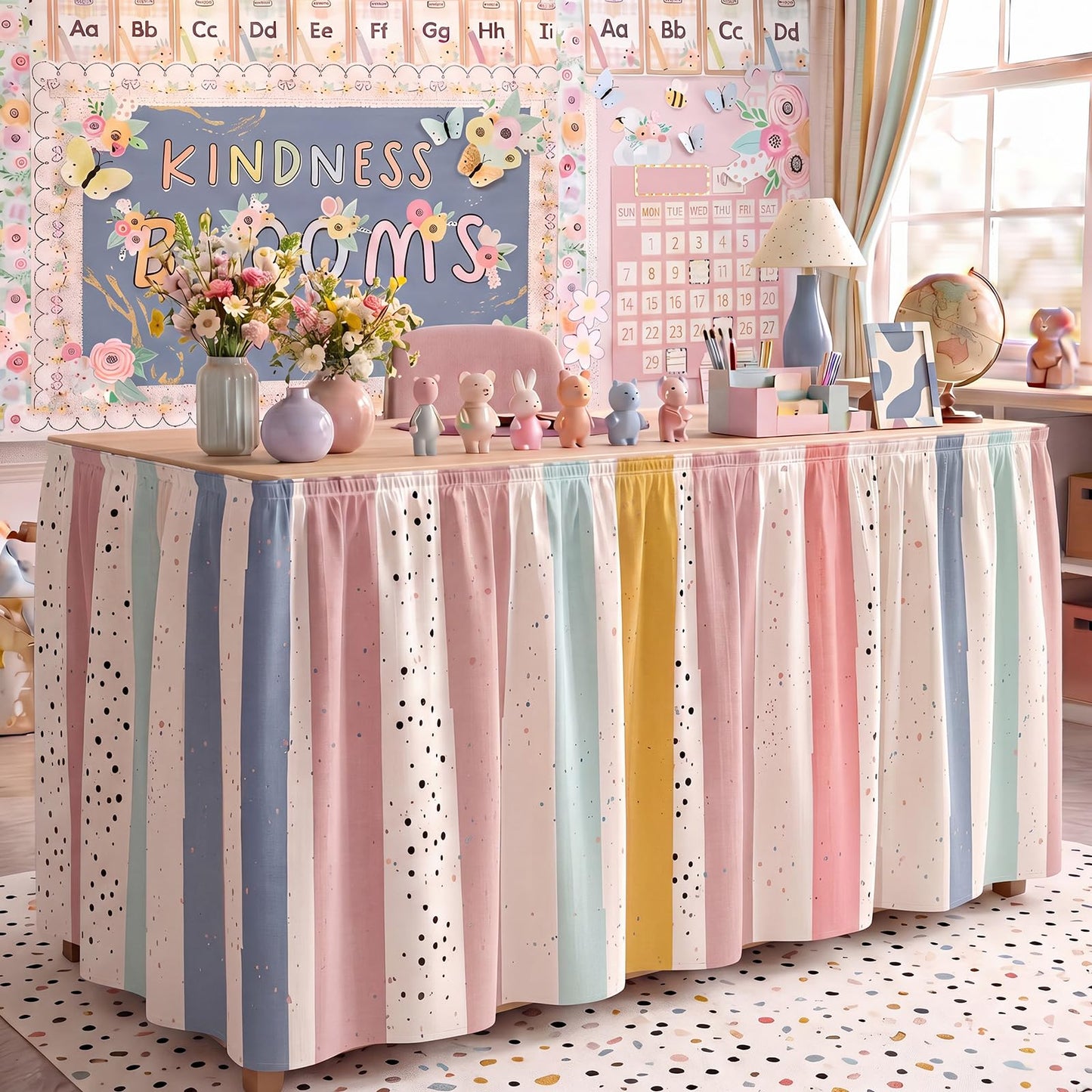Teacher Desk Skirt 6 ft Pastel Checkered Classroom Decor | Ruffled Table Cover for Teacher Desk, Fits Kindergarten Office Decor, Back to School Classroom Supplies