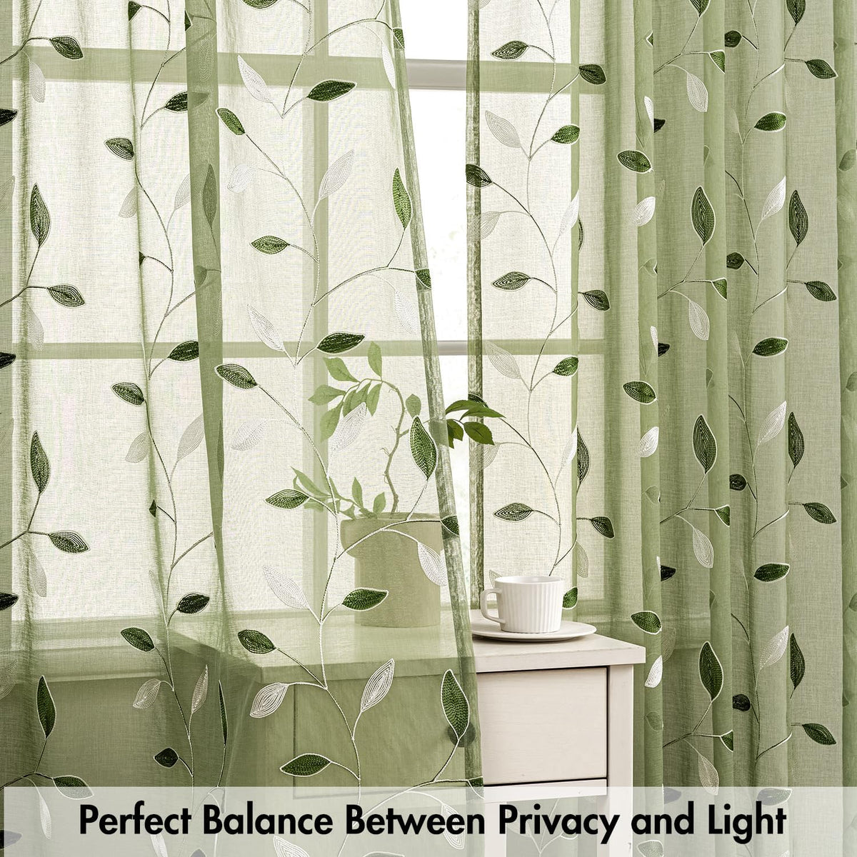 MIULEE Sage Green Sheer Curtains 2 Panels Leaf Patterned, W52 x L84 | Embroidered Floral Semi Sheer,Rod Pocket,Faux Linen,Short Window Curtains Drapes Set for Kitchen/Bathroom/Cafe