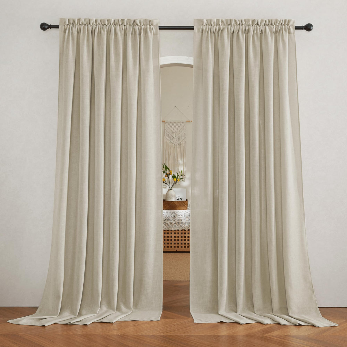 RYB HOME White Semi Sheer Curtains 84 inches Long for Living Room | Half Privacy, Linen Textured, Sheer Light Filtering, Vertical Window Drapes, for Bedroom Dining, White, W52 x L84, 2 Panels