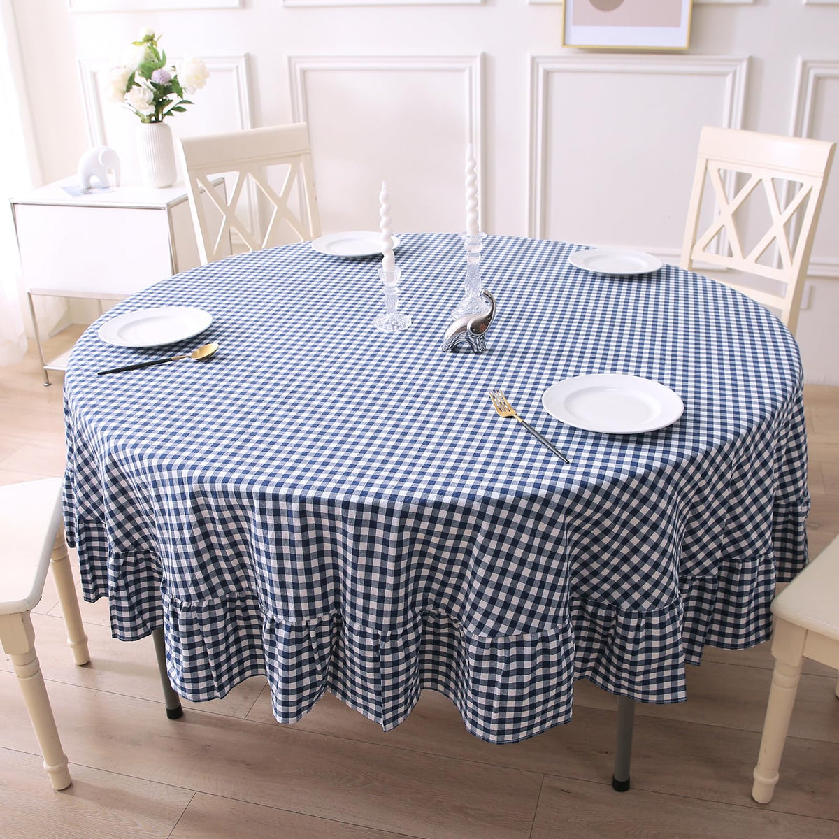 Blush White Gingham Ruffled Table Cloth Rectangular 120“x60” | 100% Washed Cotton, for Seat 8-10, Buffet Picnic Baby Shower Party Tablecloth, Decorative Checker Plaid Farmhouse Table Cover