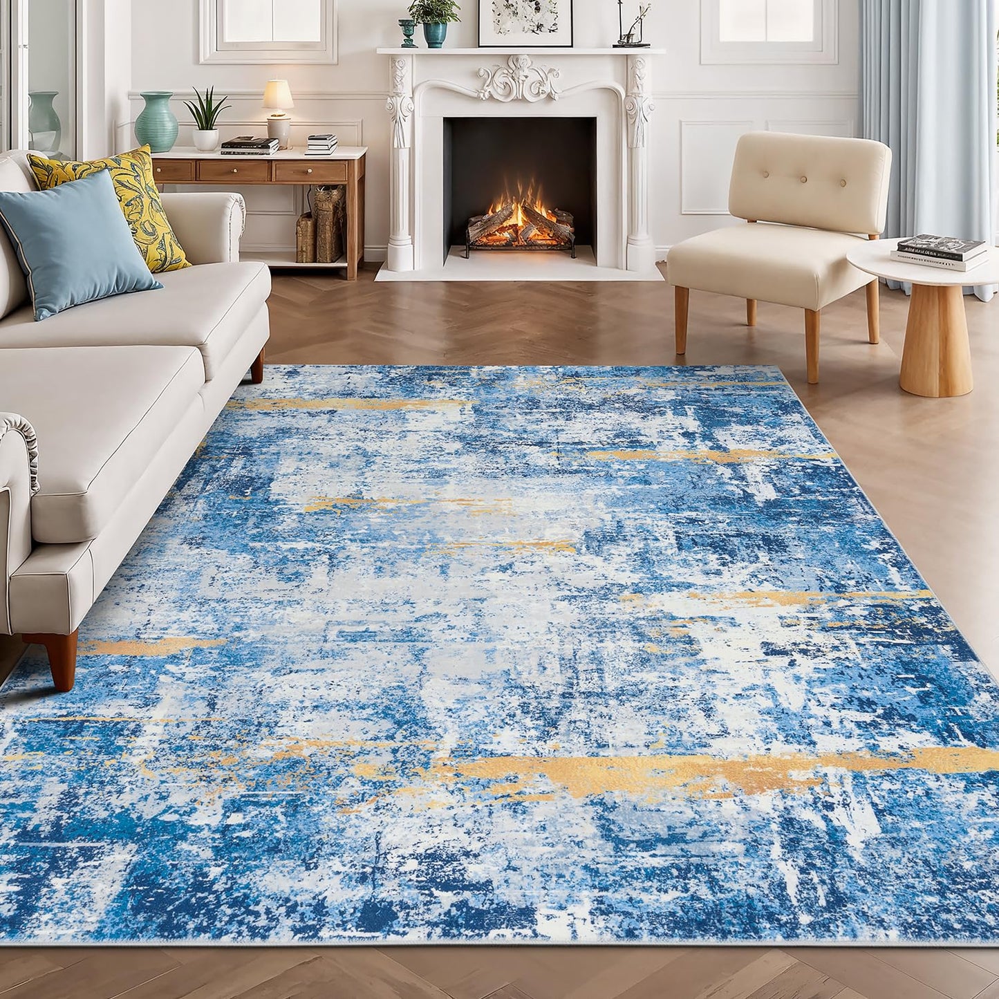 Rugflix 8x10 Area Rugs for Living Room, Washable Large Rug Stain-Resistant Low Pile, Modern Dark Carpet for Dining Room Home Office Kid Room Nursery Bedroom, Navy Blue/Black