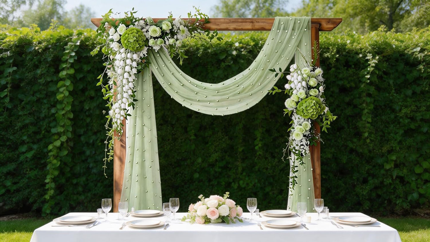 Pearl Table Runner Gauze Sheer 19FT Wedding Draping Fabric Decor | Sage Green Summer Tulle Chiffon Arch Outdoor Drapes Long Curtain for Birthday Party Baby Shower Bridal Engagement Decor
