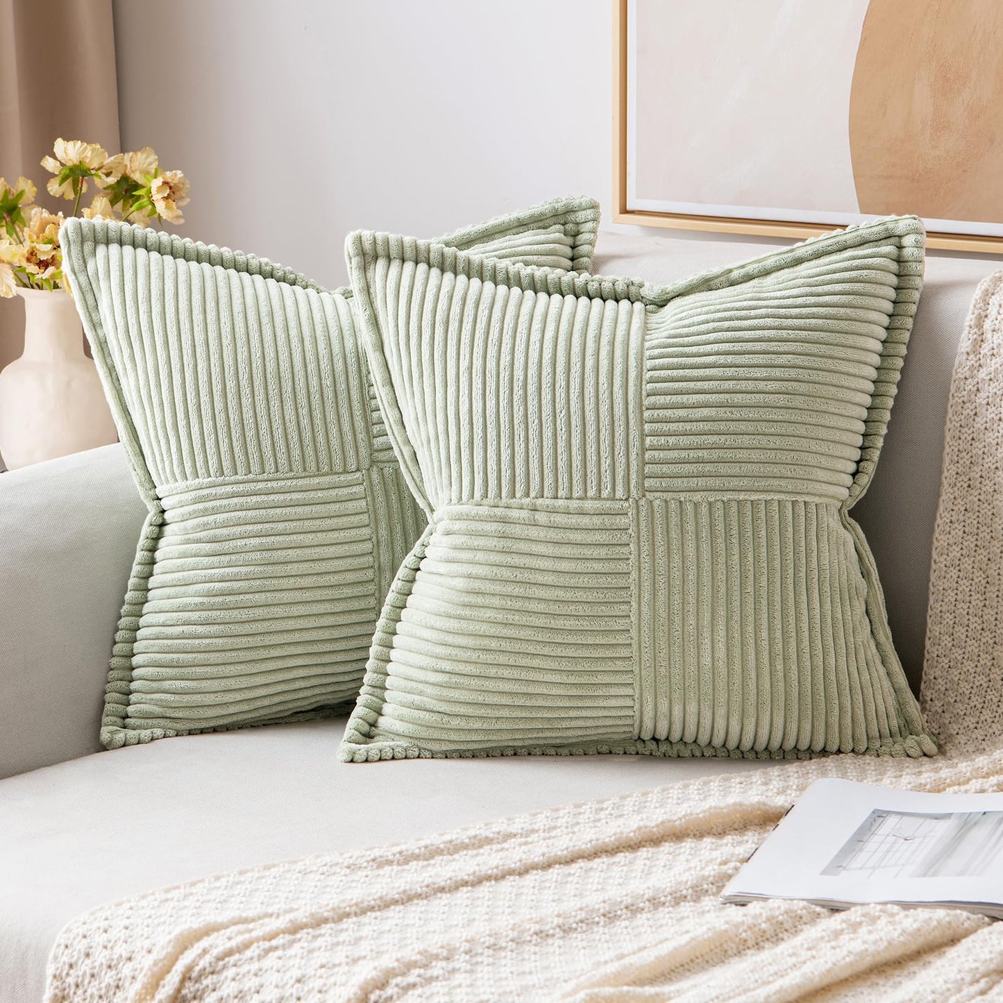 MIULEE Decorative Throw Pillow Covers for Couch 18x18 Inch Beige 2 Pack | Boho Broadside Striped Patchwork Pillow Covers, Soft Corduroy Cushion Cases, For Sofa Bed Livingroom Home Decor