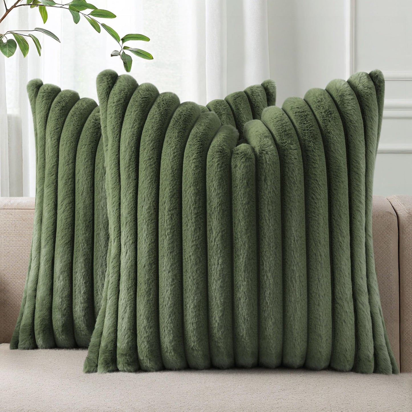 Pallene Faux Fur Decorative Throw Pillow Covers 18x18 Set of 2, Cream White | Luxury Plush Texture, Striped Design, Cozy Soft Touch, Modern Home Accent Decor for Couch, Sofa, Bed, Living Room