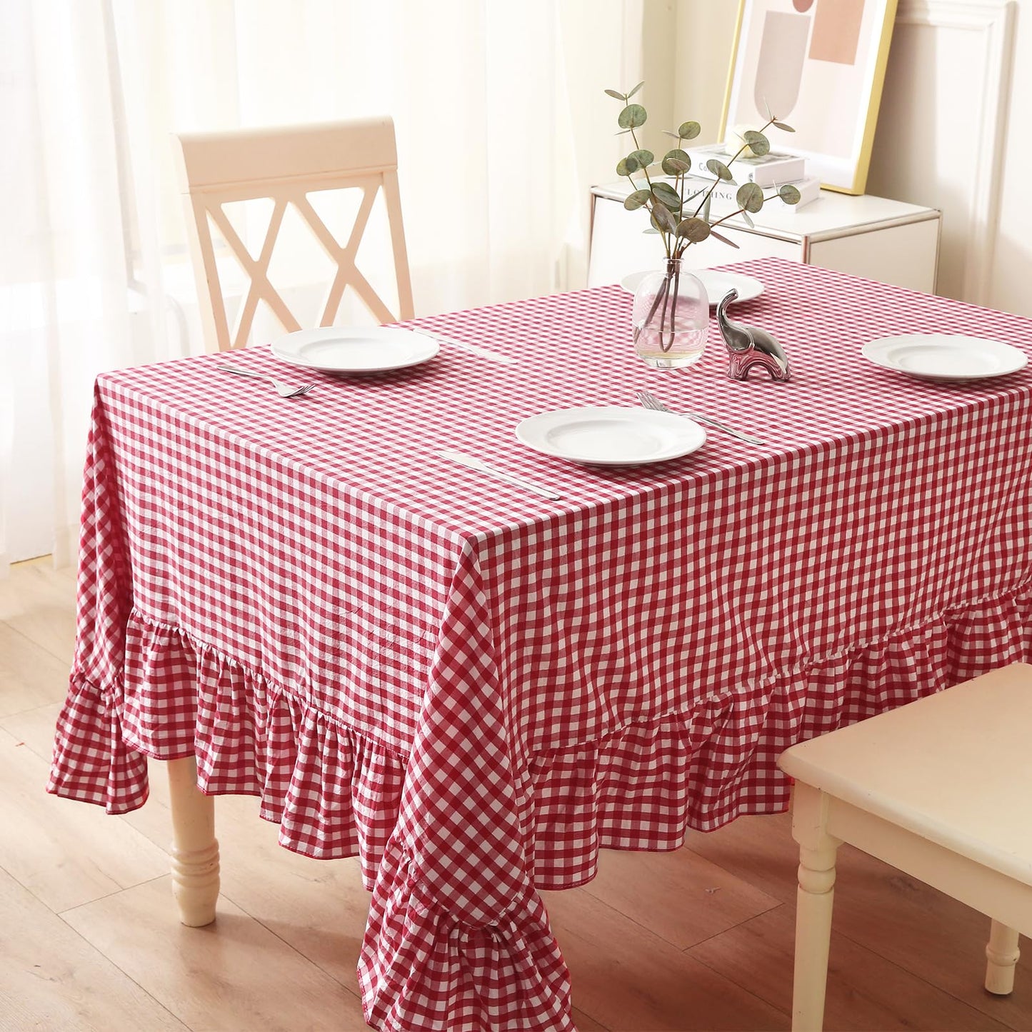 Blush White Gingham Ruffled Table Cloth Rectangular 120“x60” | 100% Washed Cotton, for Seat 8-10, Buffet Picnic Baby Shower Party Tablecloth, Decorative Checker Plaid Farmhouse Table Cover