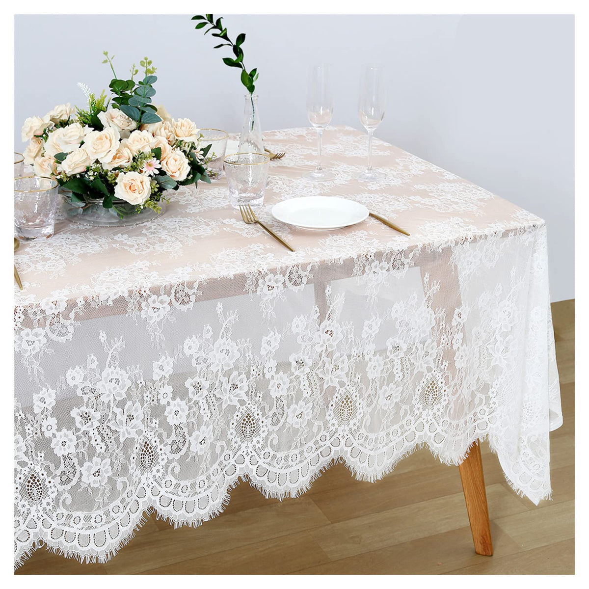 Fanqisi Ivory Lace Tablecloth 60x120 Inches Classic Wedding Lace Tablecloths Overlay Party Table Cover for Bridal Shower Reception Table Decoration