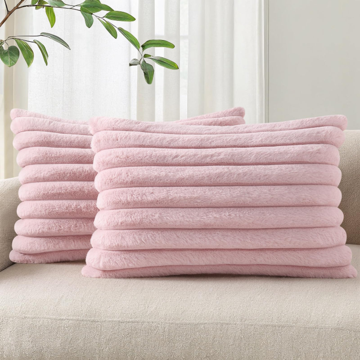 Pallene Faux Fur Decorative Throw Pillow Covers 18x18 Set of 2, Cream White | Luxury Plush Texture, Striped Design, Cozy Soft Touch, Modern Home Accent Decor for Couch, Sofa, Bed, Living Room