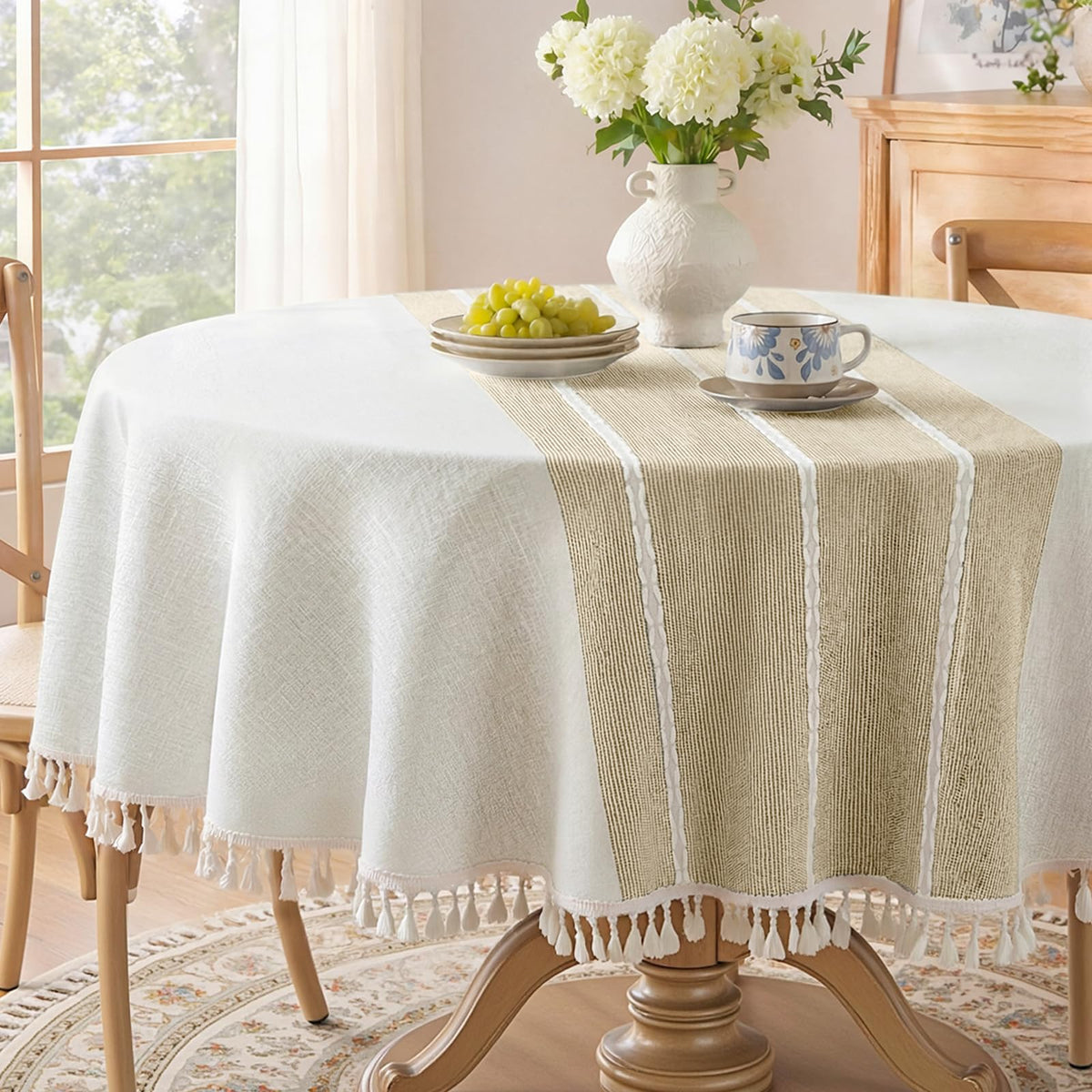 Softalker Outdoor Linen Tablecloth Rectangle, Waterproof Cotton Boho Farmhouse Table Cloths with Tassel, Heavy Weight Wrinkle Free Table Cover for Picnic Camping Dining - 55 x 70 Inch, Coffee Lines