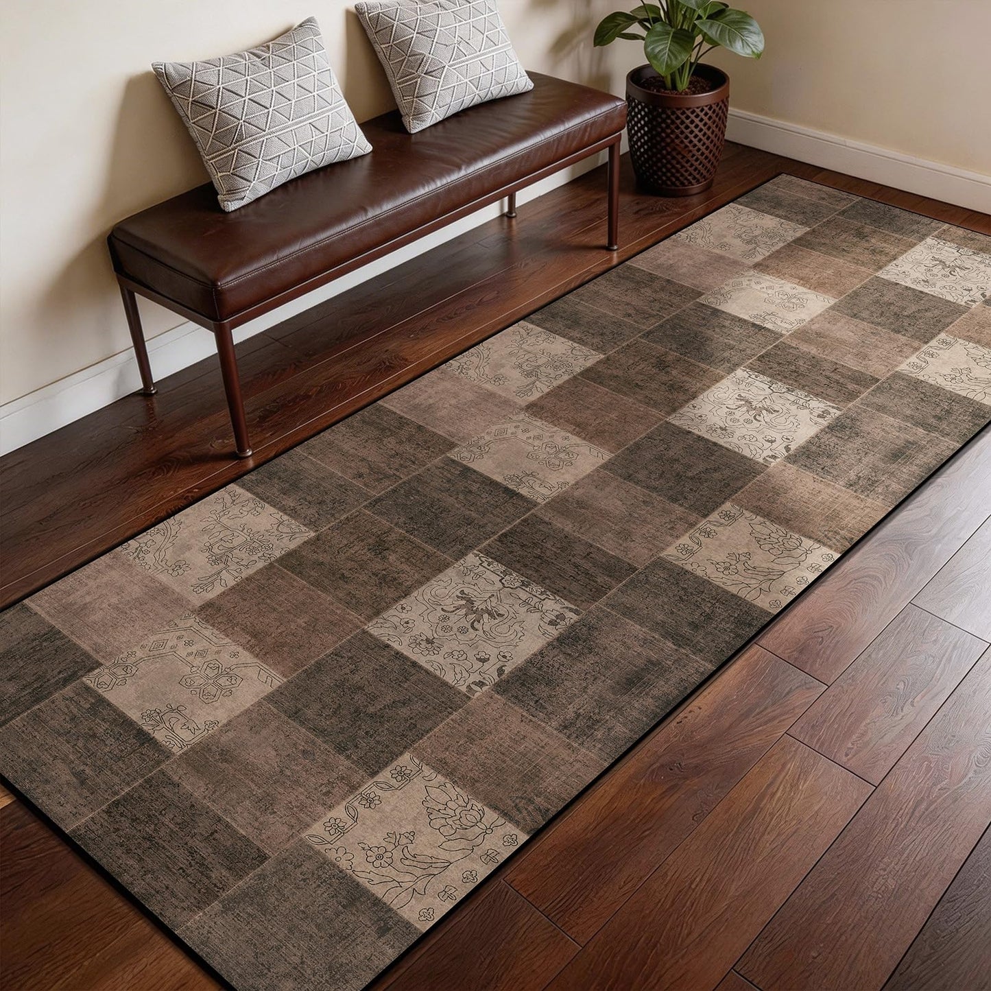 LIANLAM 8x10 Washable Area Rugs for Living Room & Bedroom(8x10,Black&Gray) | Non-Slip Large Carpet,Vintage Checkered Pattern, Stain Resistant Faux Wool Low Pile Soft Rug for Dining Room,Office,Nursery