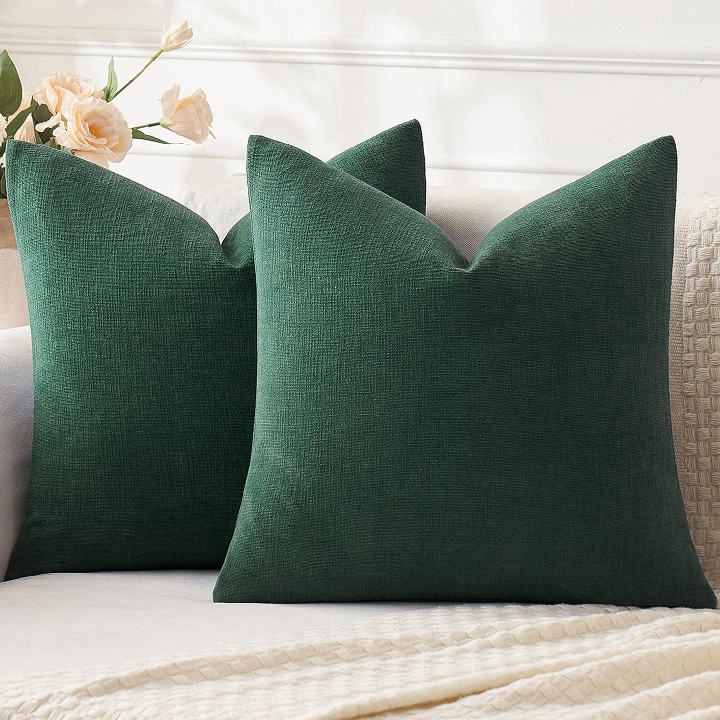MIULEE Olive Green Chenille Couch Throw Pillow Covers, 18x18 | Set of 2, Soft Modern Farmhouse Style, Decorative Pillowcases for Sofa Living Room Bed, Home Decor