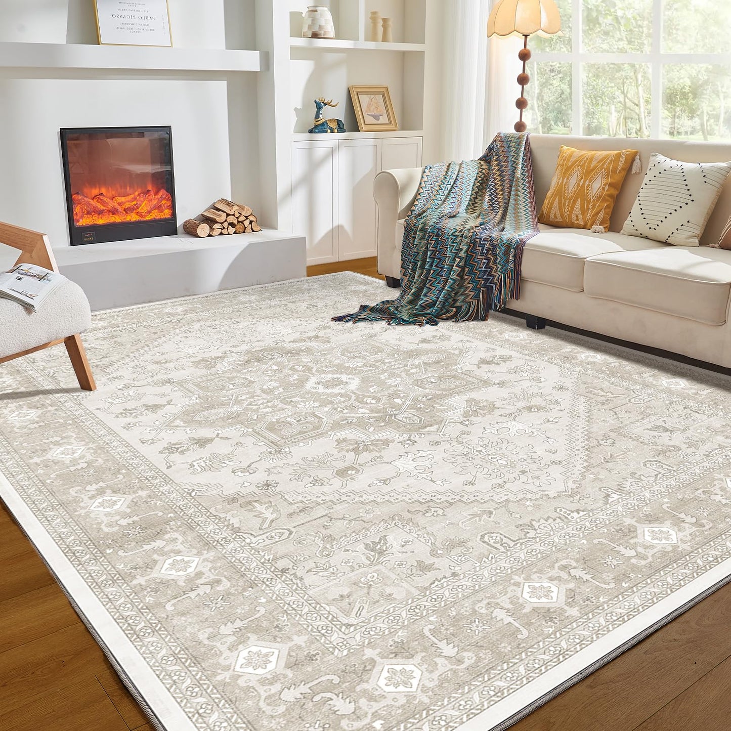 OPPODREAM Soft Area Rugs 5x7, Persian-Inspired Washable Rug, Blue & Gold | Low-Pile Faux Cashmere Surface, TPR Non-Slip Backing, 5 x 7 Carpet for Bedroom, Office, Dorm, Dining Room