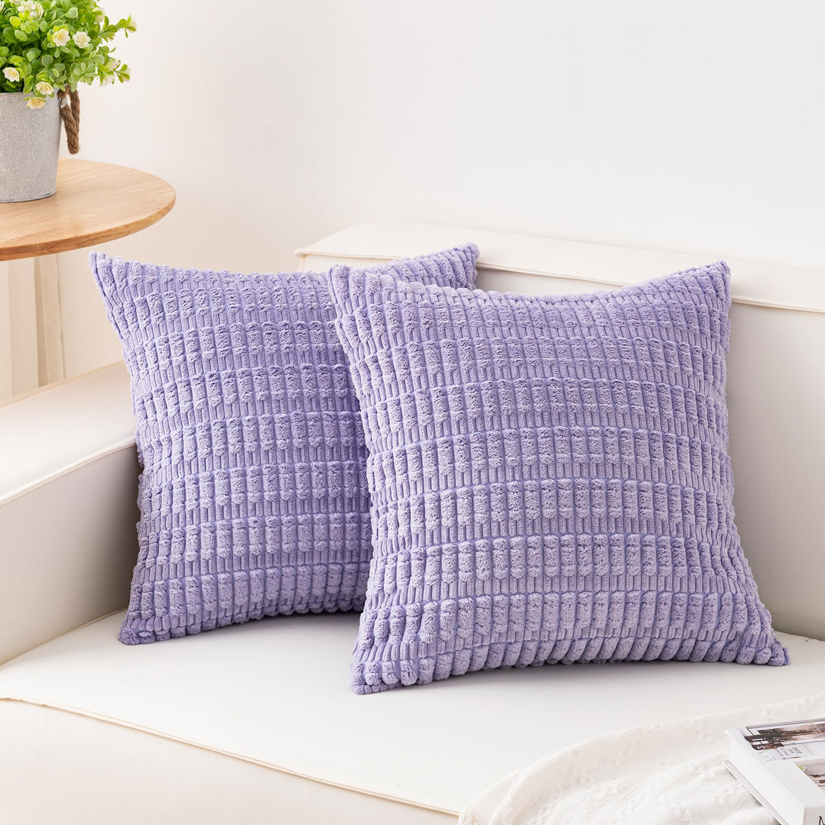 Pack of 2 Corduroy Decorative Throw Pillow Covers 18x18 Inch, Cream White | Fall Soft Striped Pillow Covers Modern Farmhouse Home Decor Christmas Throw Pillow Covers for Sofa Living Room Couch Bed ﻿
