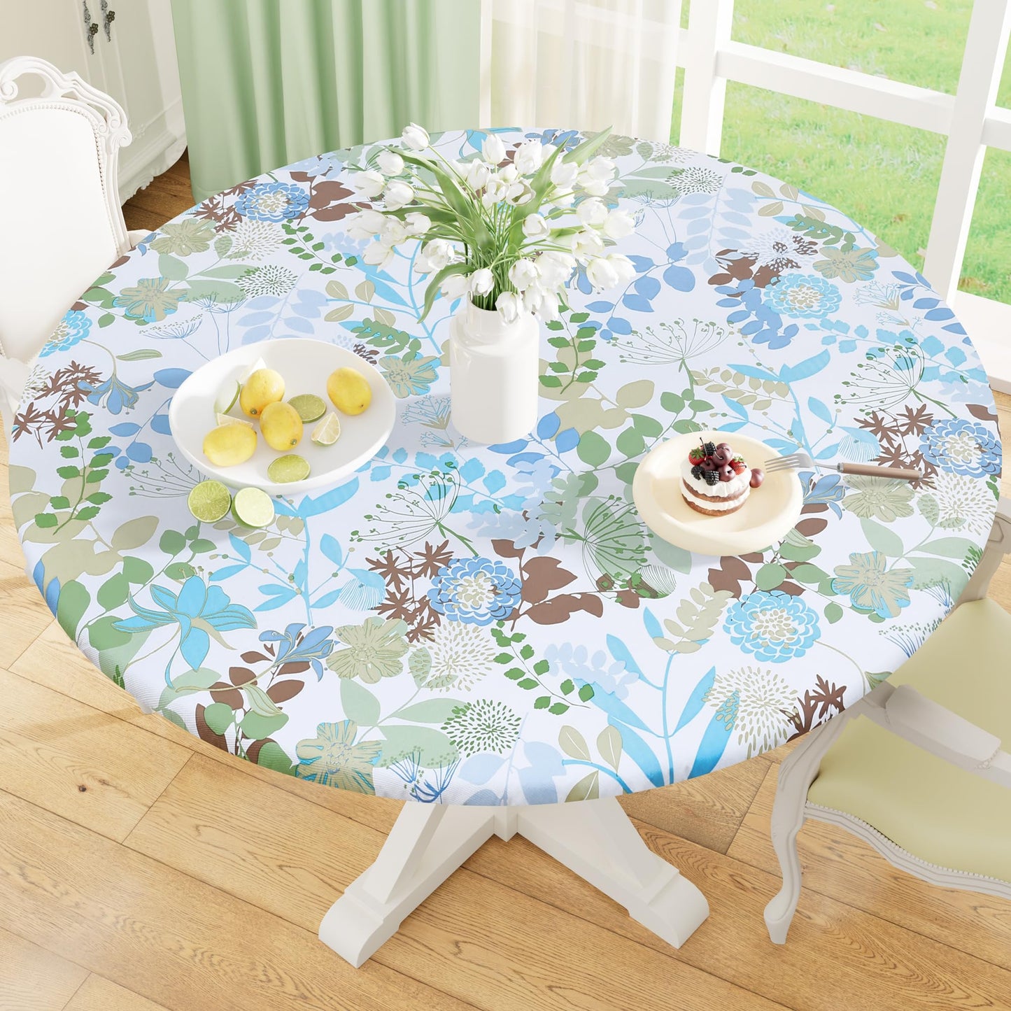Round Fitted Tablecloth with Elastic Edge, 100% Waterproof Oil Proof Plastic Table Cover, Vinyl Flannel Backed Tablecloth Fits 36"-44" Round Tables for Dinner, Outdoor, Picnic, Oak Wooden Grain