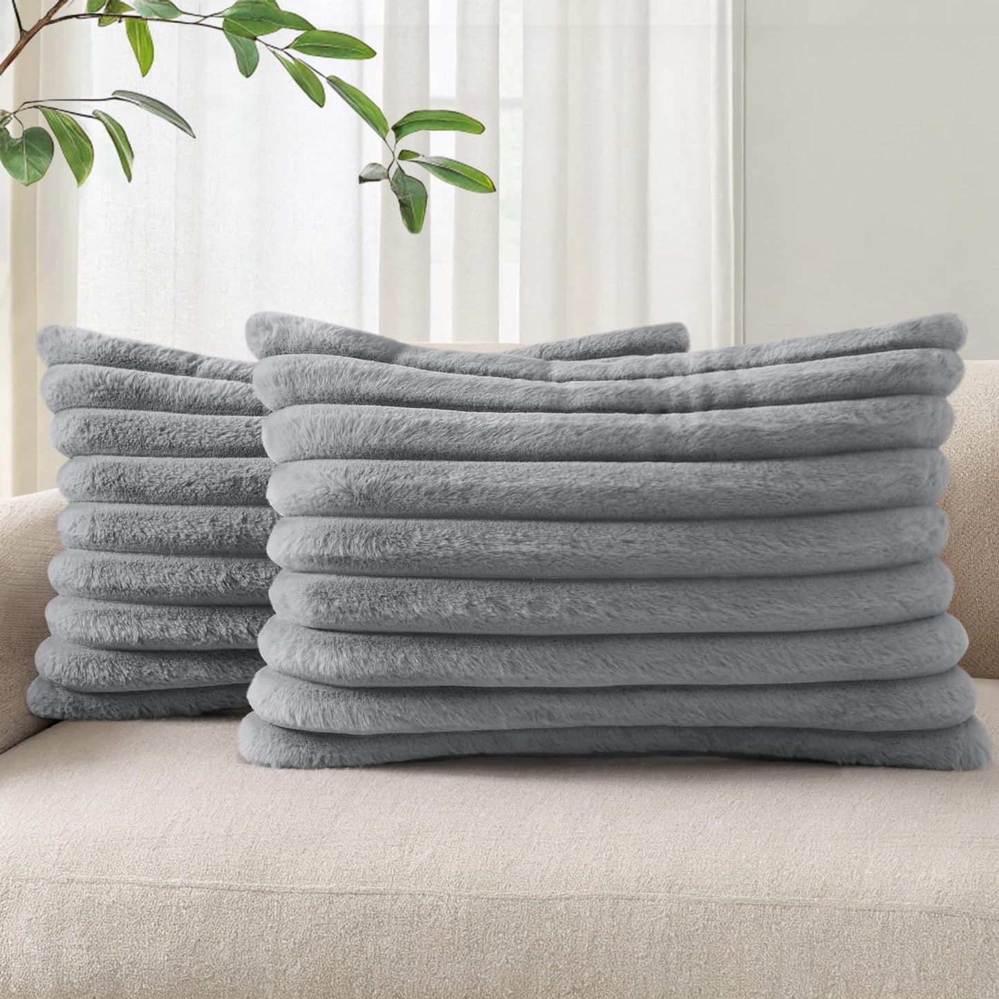 Pallene Faux Fur Decorative Throw Pillow Covers 18x18 Set of 2, Cream White | Luxury Plush Texture, Striped Design, Cozy Soft Touch, Modern Home Accent Decor for Couch, Sofa, Bed, Living Room