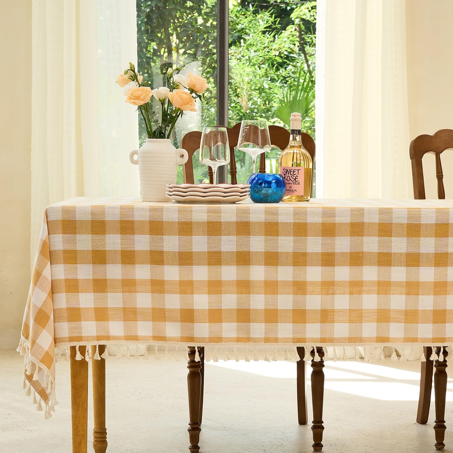 Midsummer Breeze Country Garden Green Gingham Tablecloth Rectangle 55”x84” | tassel, spring, easter, summer, picnic, outdoor, checkered, fresh, camping, Christmas, washable, wrinkle free, reusable
