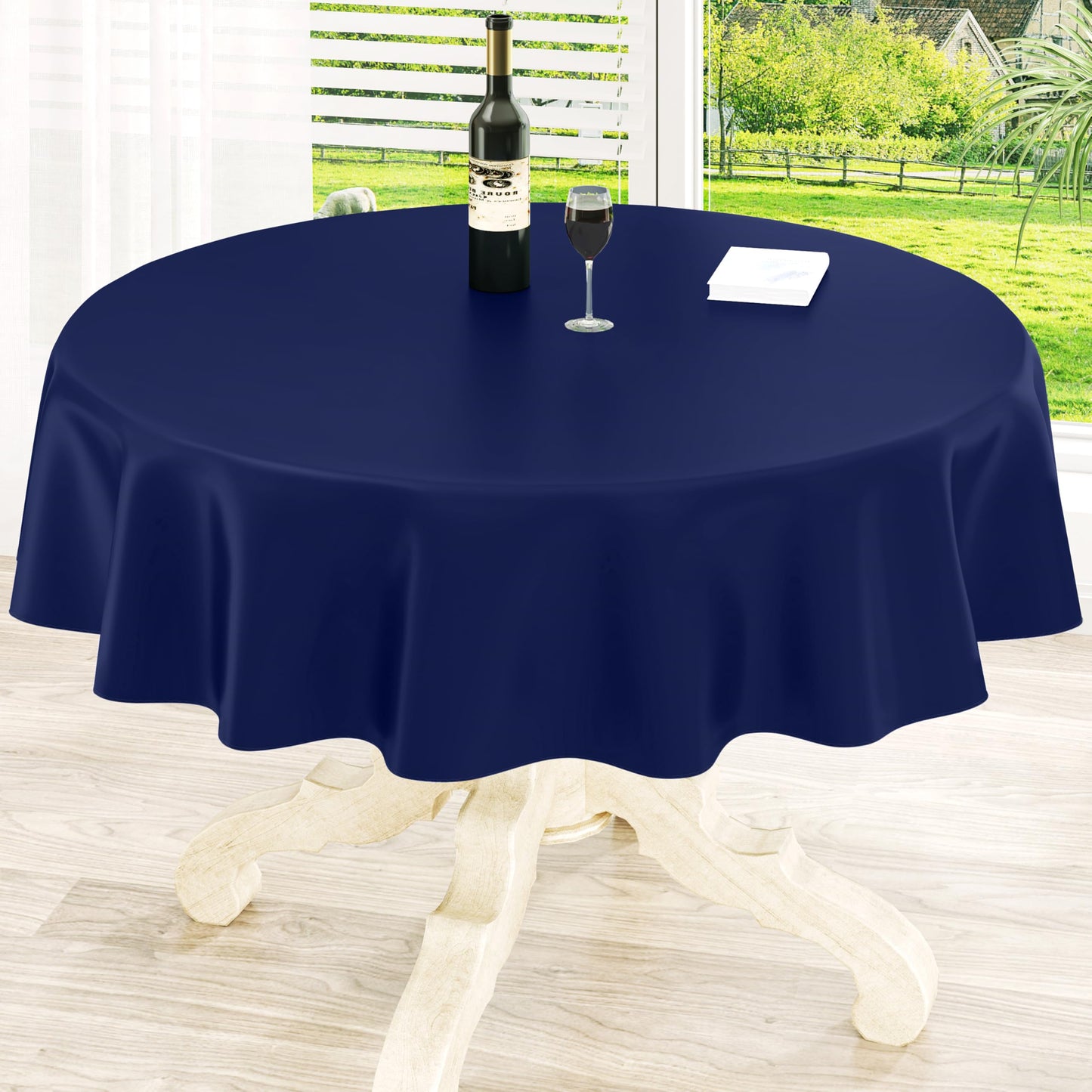 Round Navy Blue Vinyl Waterproof Tablecloth with Flannel Backed | Spillproof Wipe Clean Table Cloth, Plastic Flannel Backing for Dining, Buffet Parties Picnic Camping, 60"